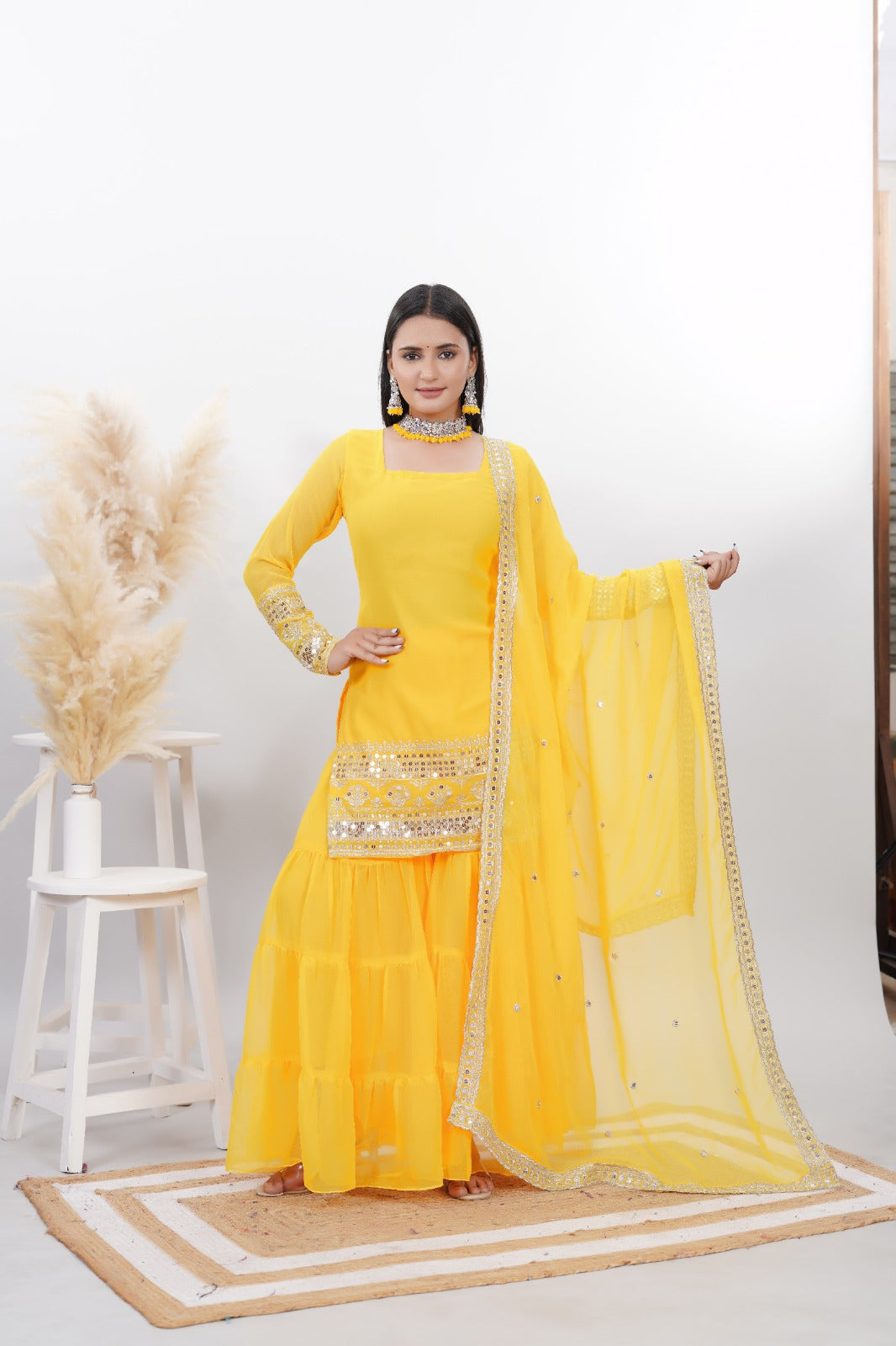 Georgette Yellow Embroidered Stitched sharara For women's