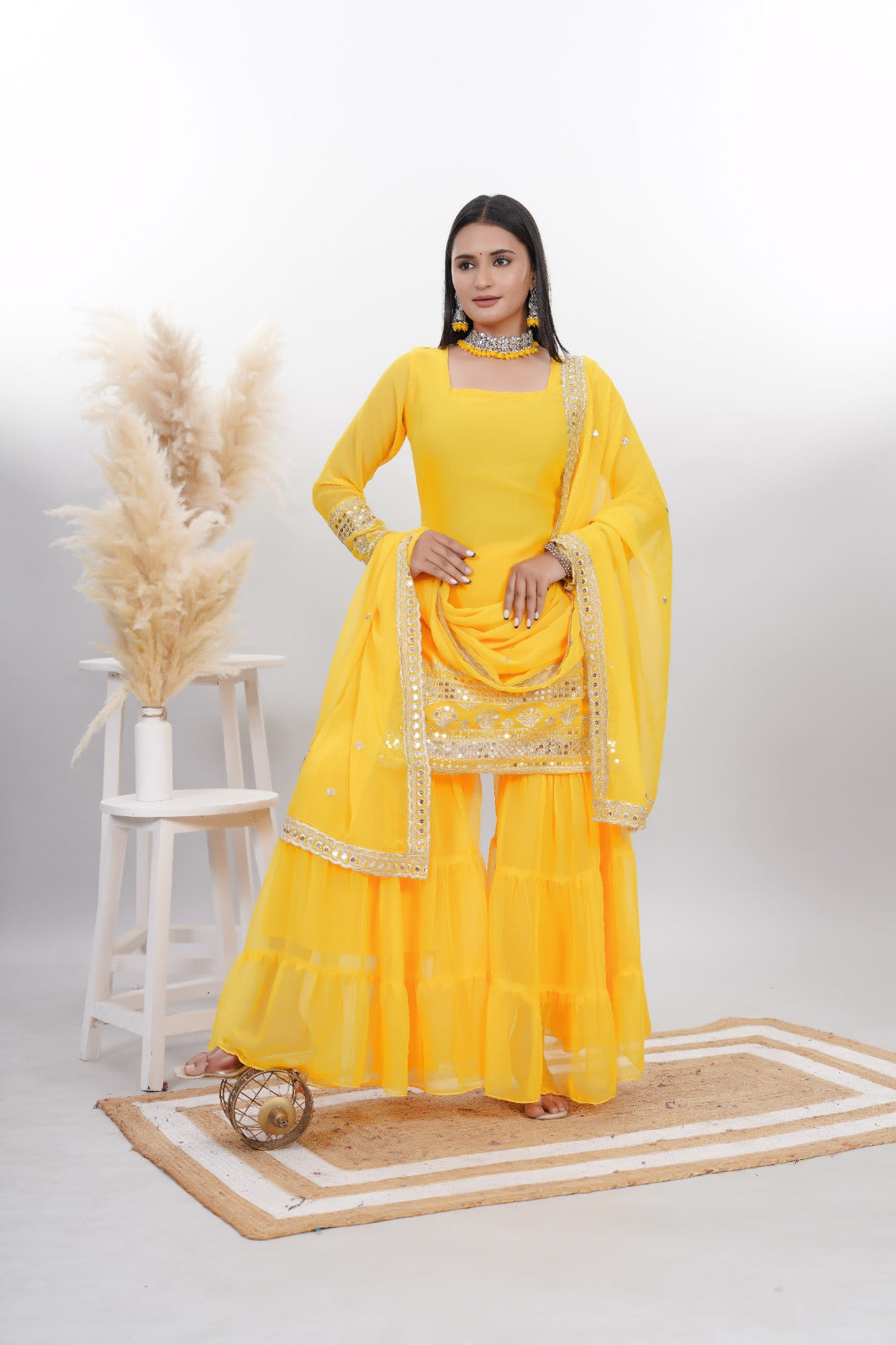 Georgette Yellow Embroidered Stitched sharara For women's