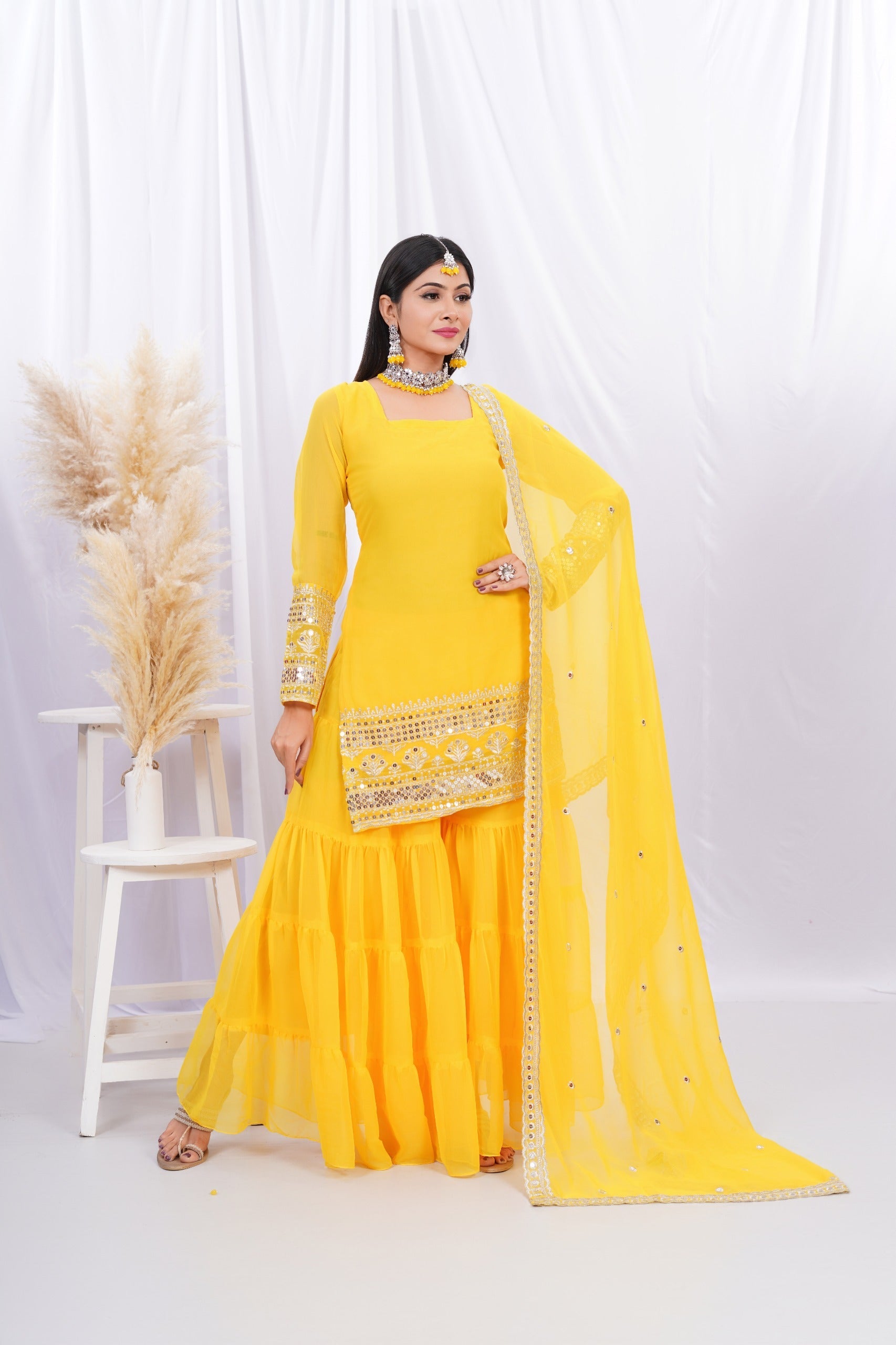 Georgette Yellow Embroidered Stitched sharara For women's