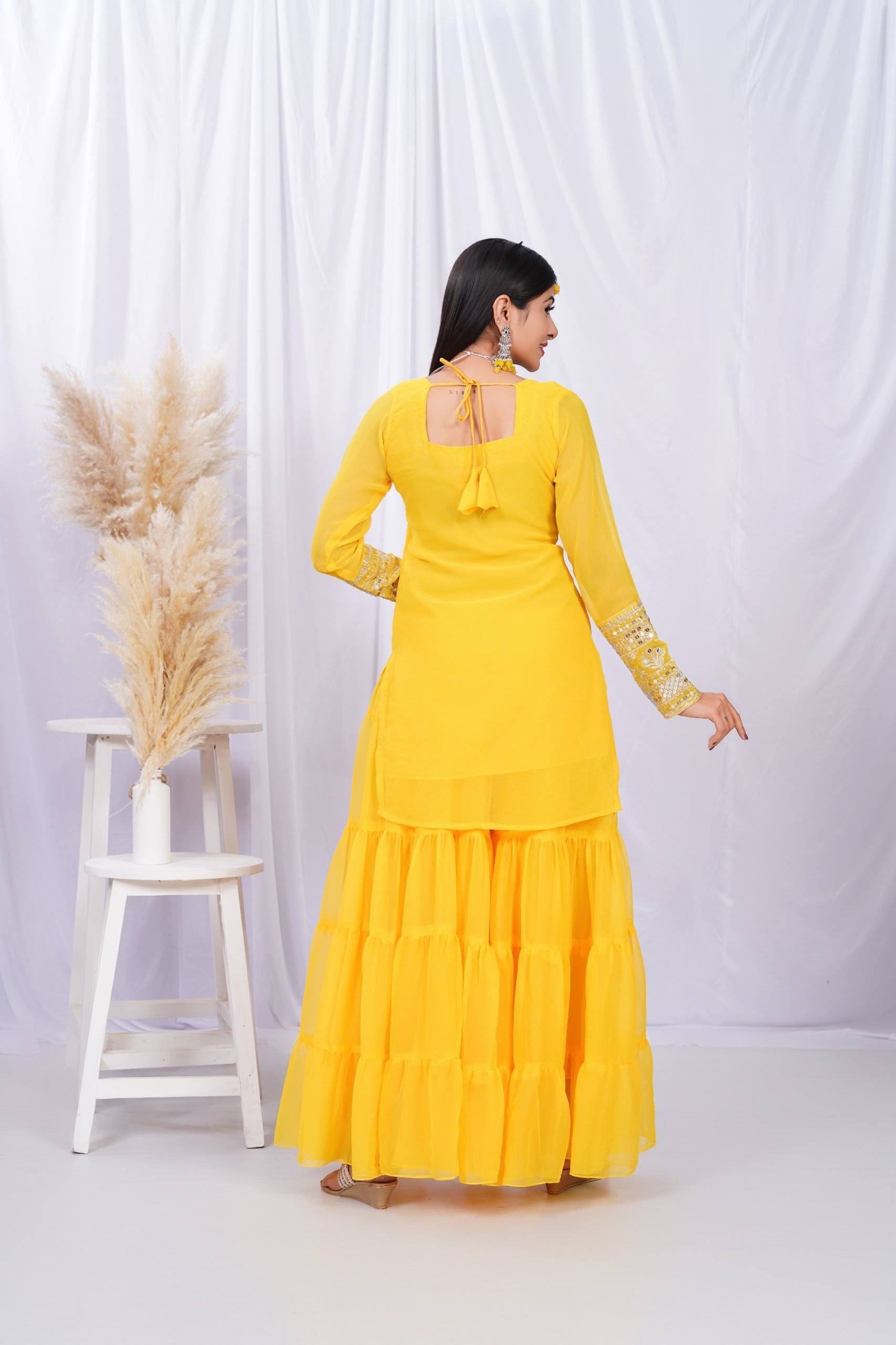 Georgette Yellow Embroidered Stitched sharara For women's