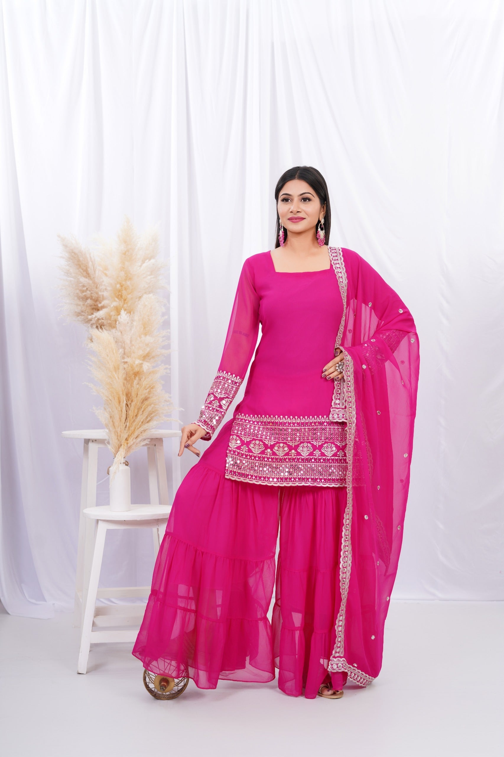 Georgette Pink Embroidered Stitched sharara For women's