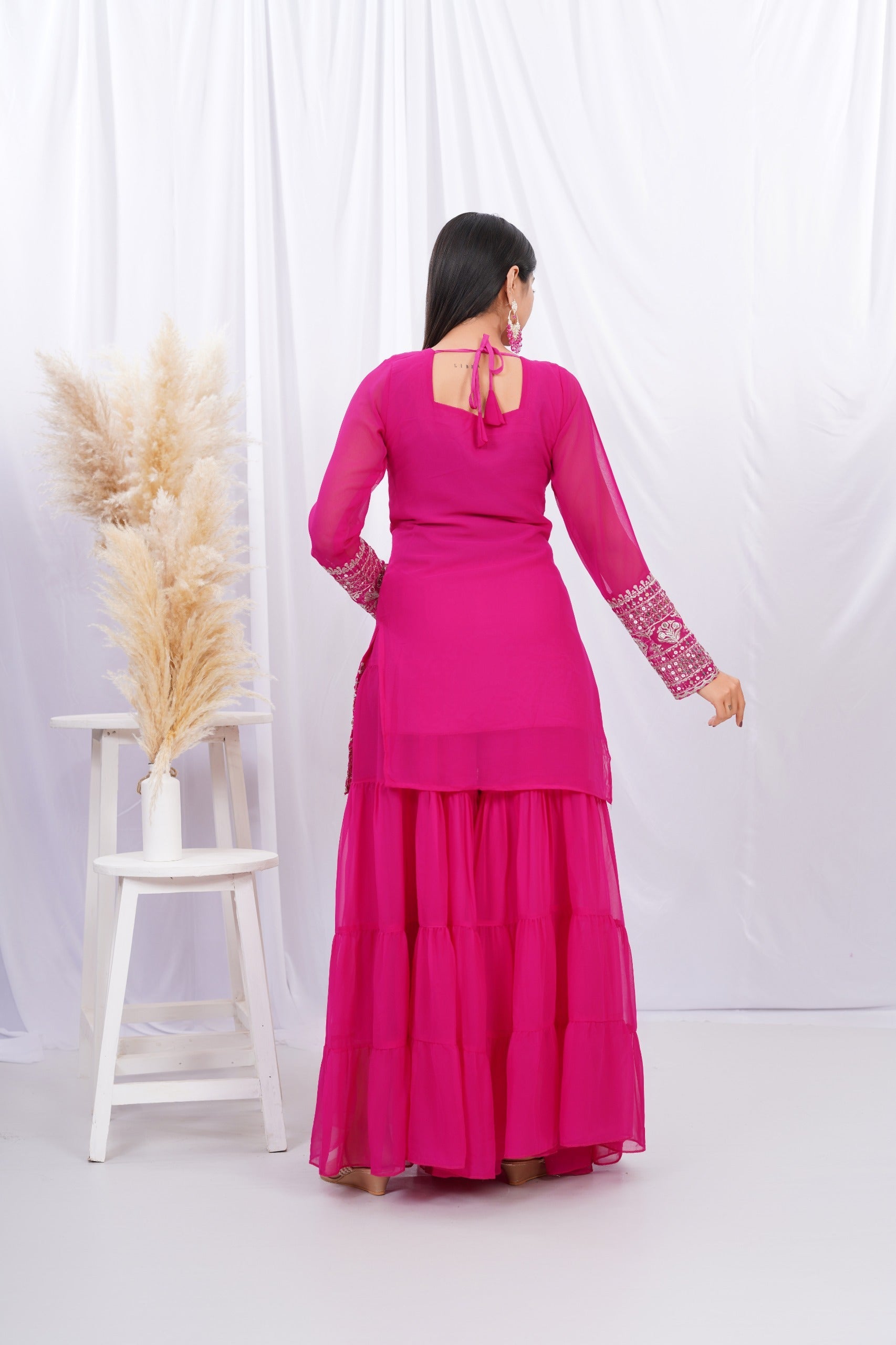 Georgette Pink Embroidered Stitched sharara For women's