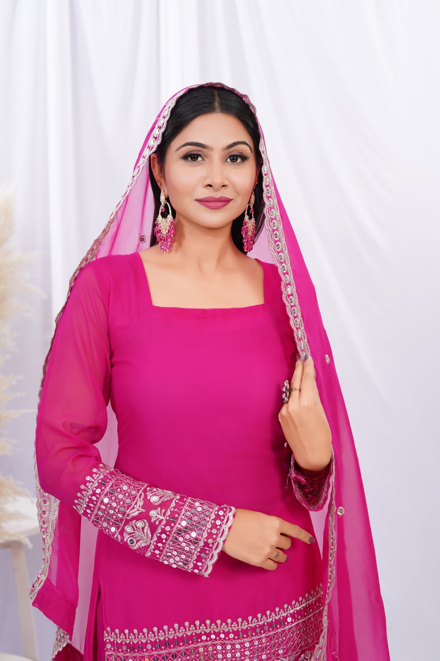 Georgette Pink Embroidered Stitched sharara For women's