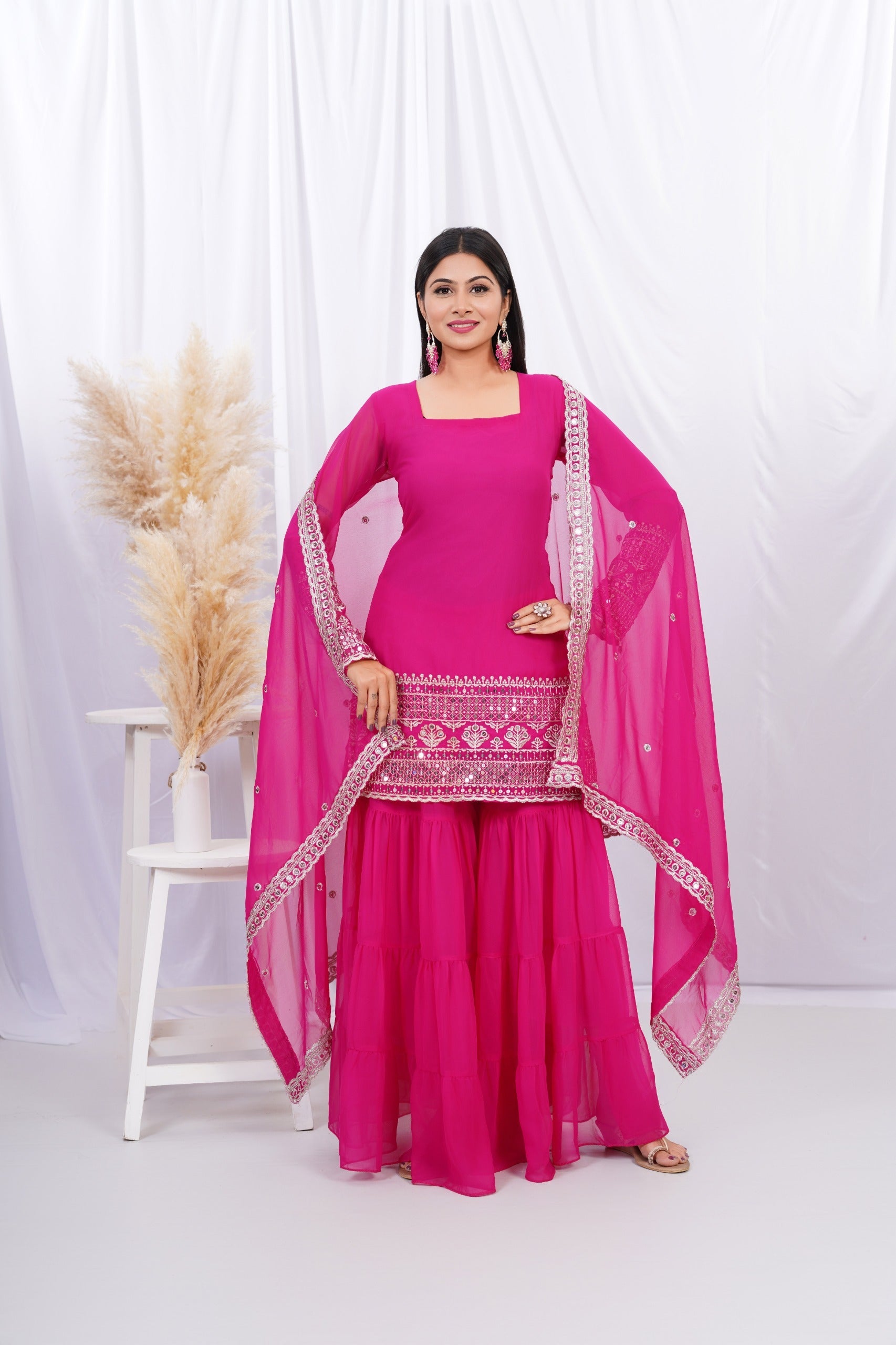 Georgette Pink Embroidered Stitched sharara For women's