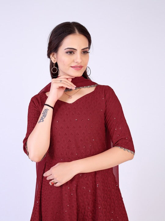 Maroon Chikankari Sharara Set For Women's