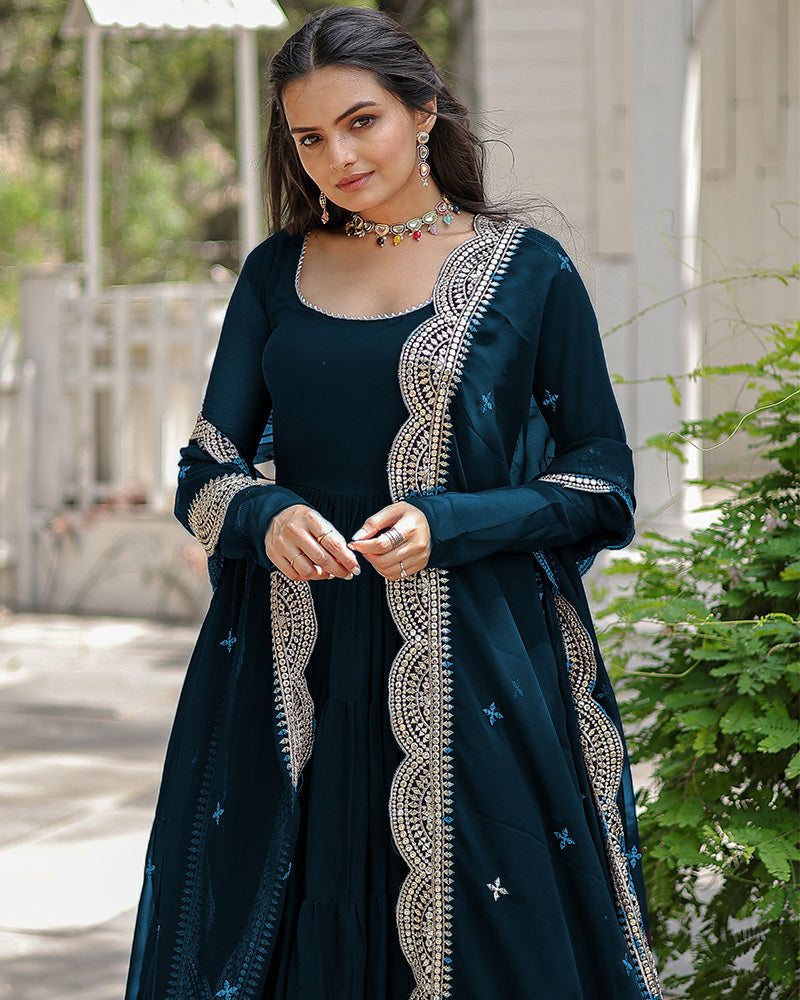 Solid Color Georgette Abaya Style Suit in Teal