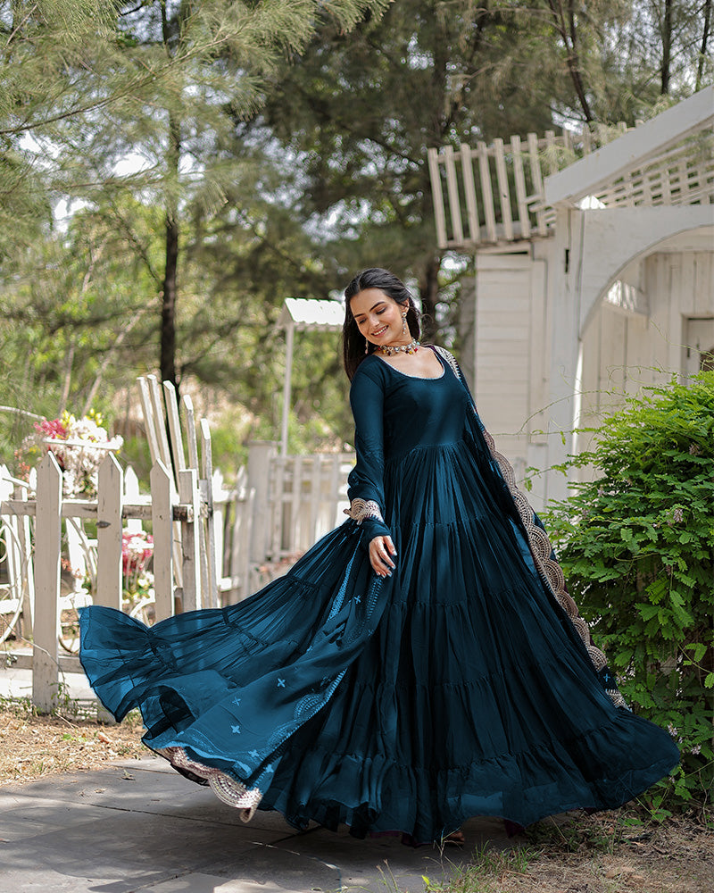 Solid Color Georgette Abaya Style Suit in Teal