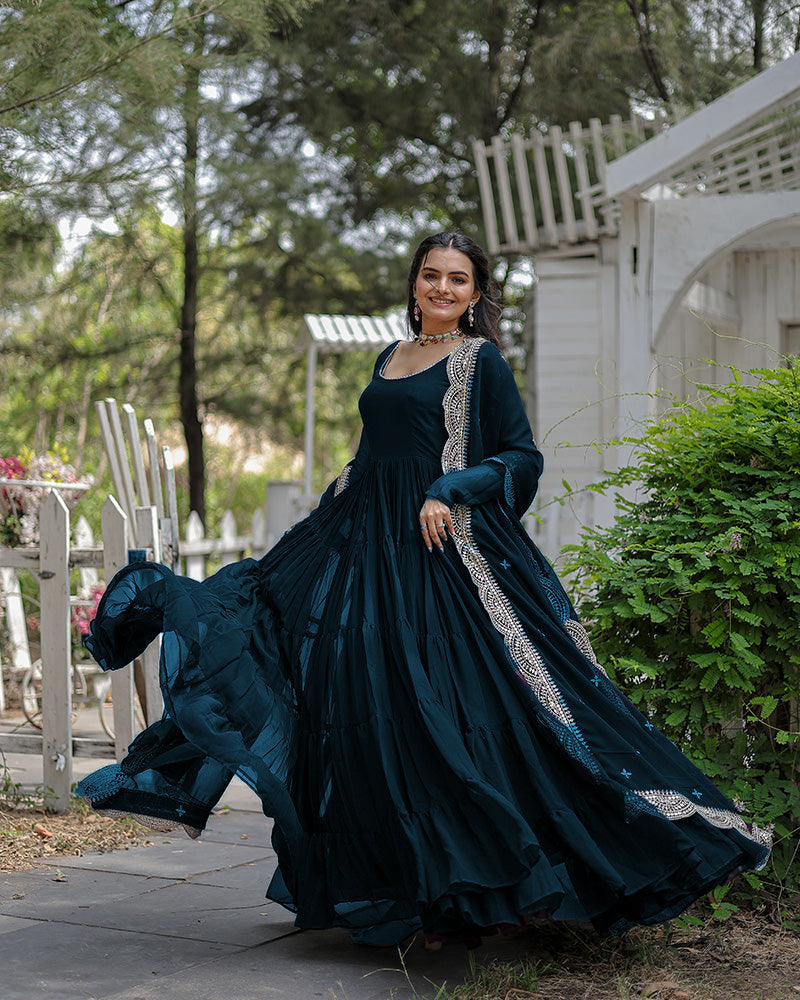 Solid Color Georgette Abaya Style Suit in Teal