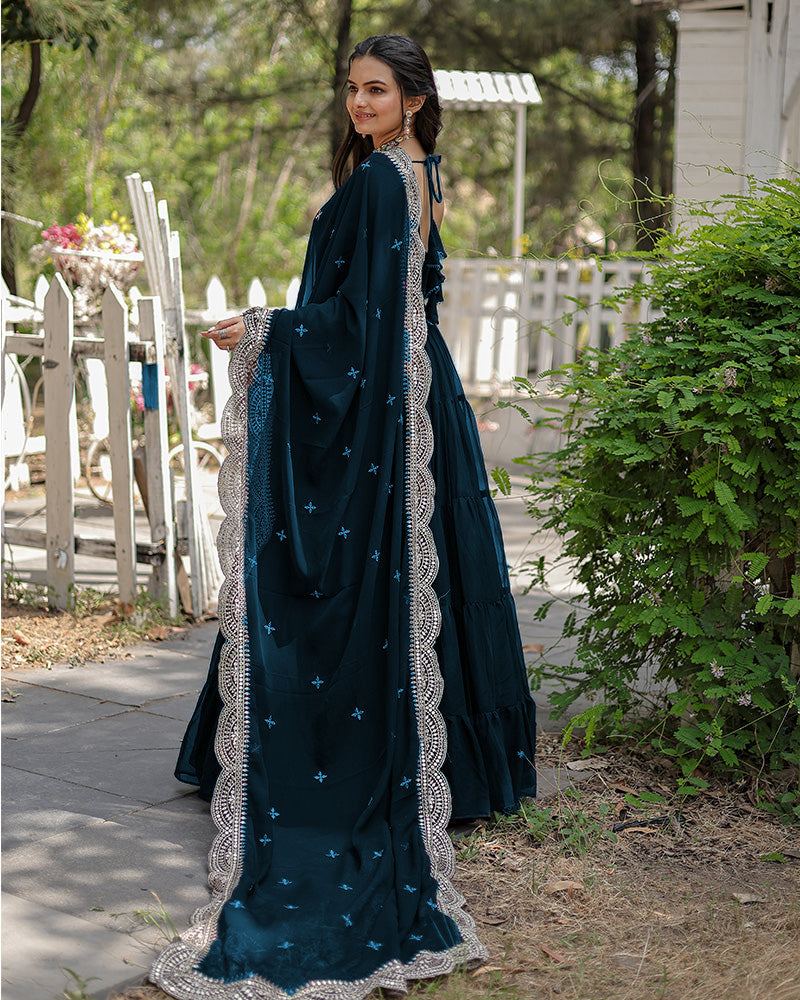 Solid Color Georgette Abaya Style Suit in Teal