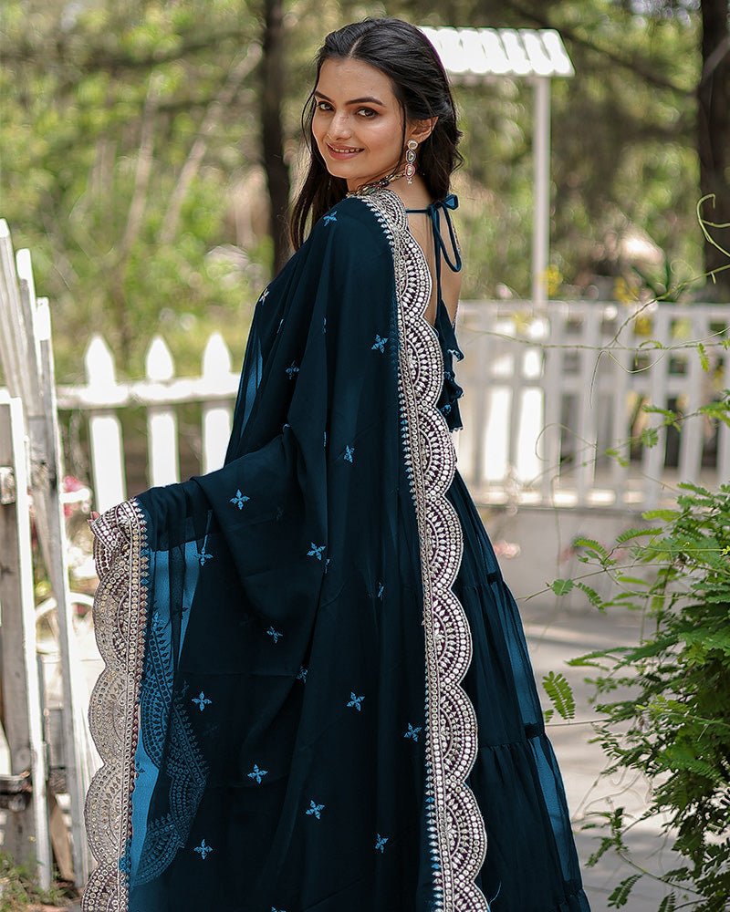 Solid Color Georgette Abaya Style Suit in Teal