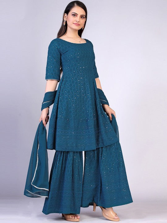 Teal Chikankari Sharara Set For Women's