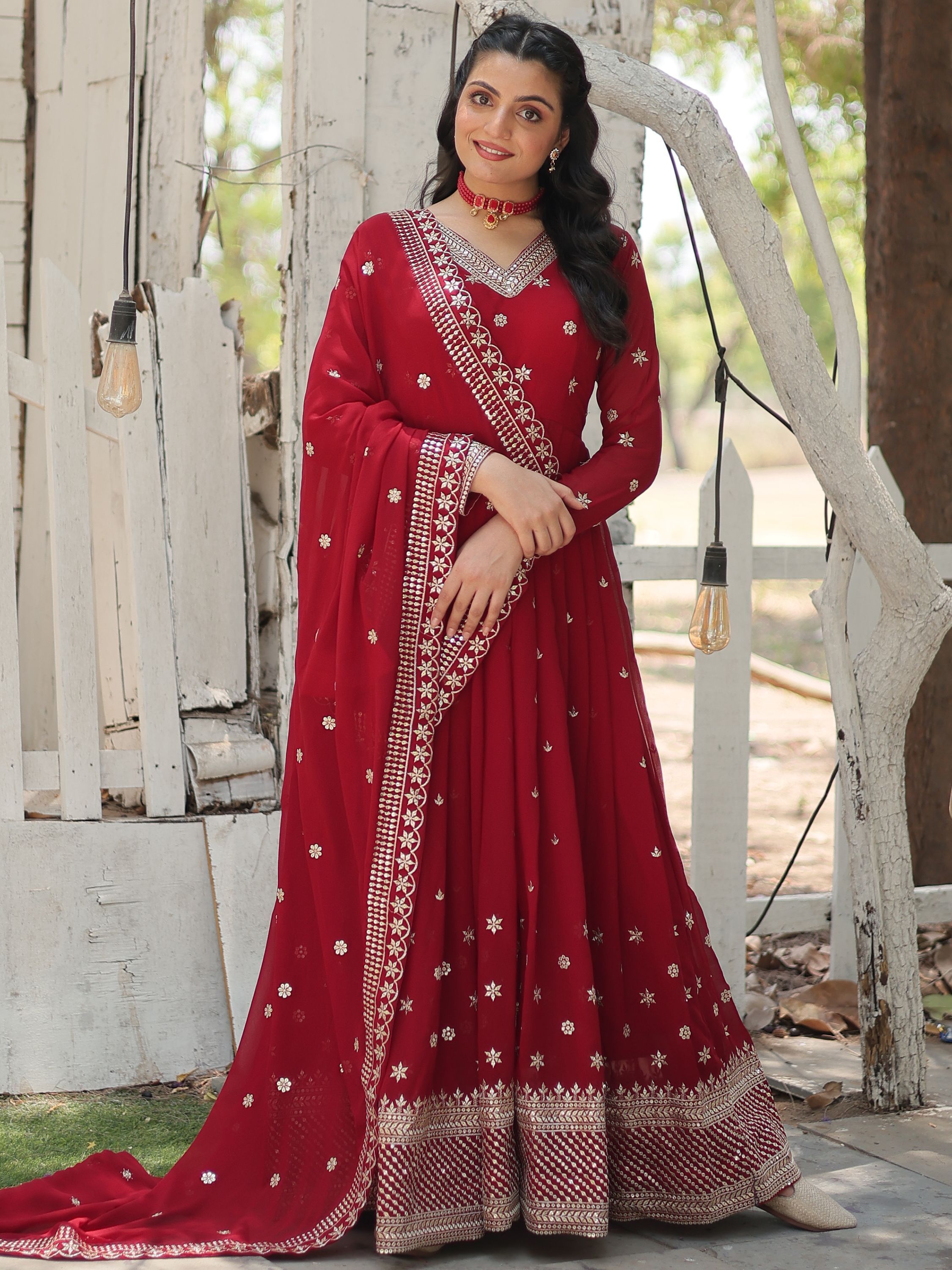 Beautiful Maroon Georgette Embroidered Wedding Wear Gown With Dupatta