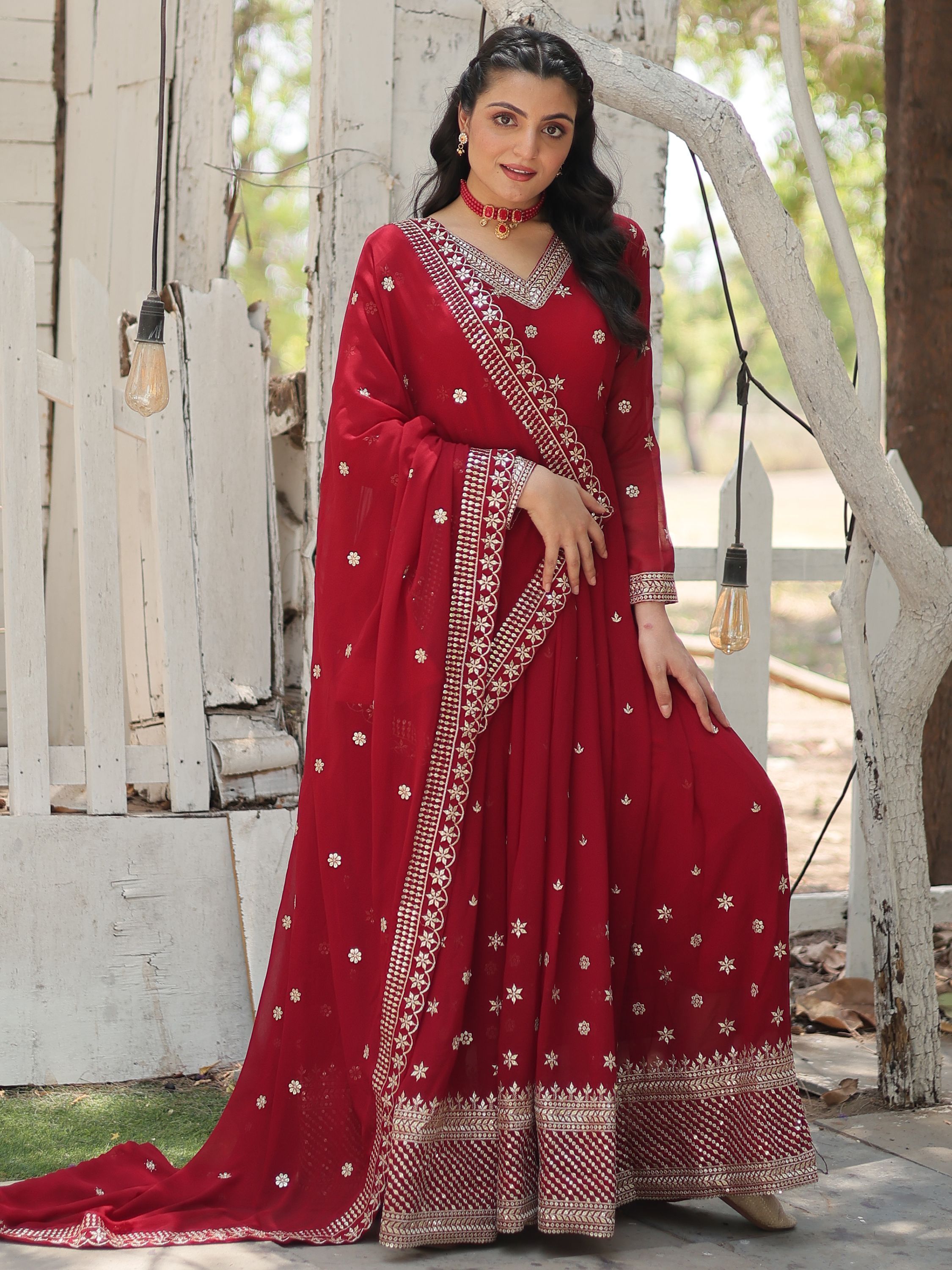 Beautiful Maroon Georgette Embroidered Wedding Wear Gown With Dupatta