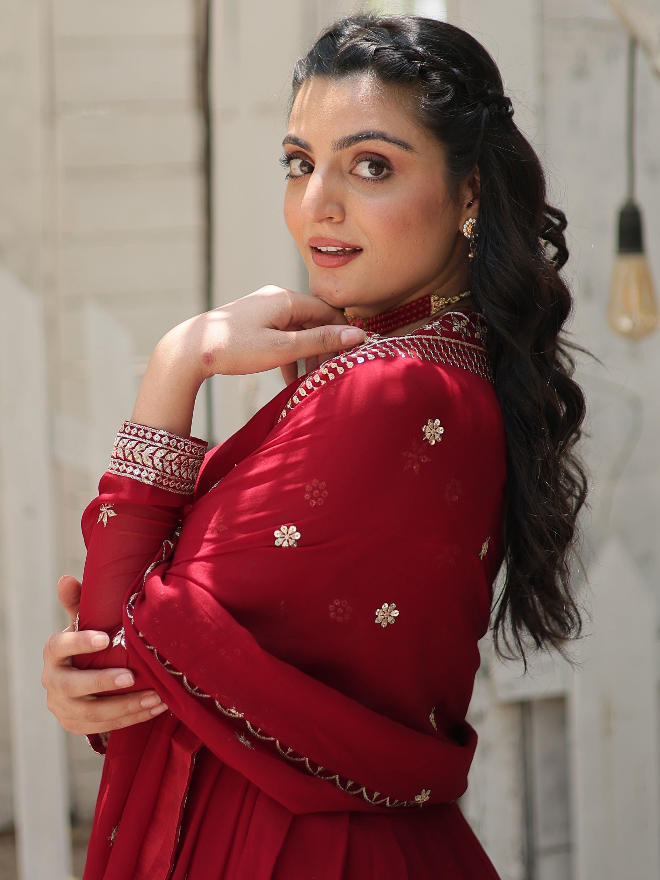 Beautiful Maroon Georgette Embroidered Wedding Wear Gown With Dupatta