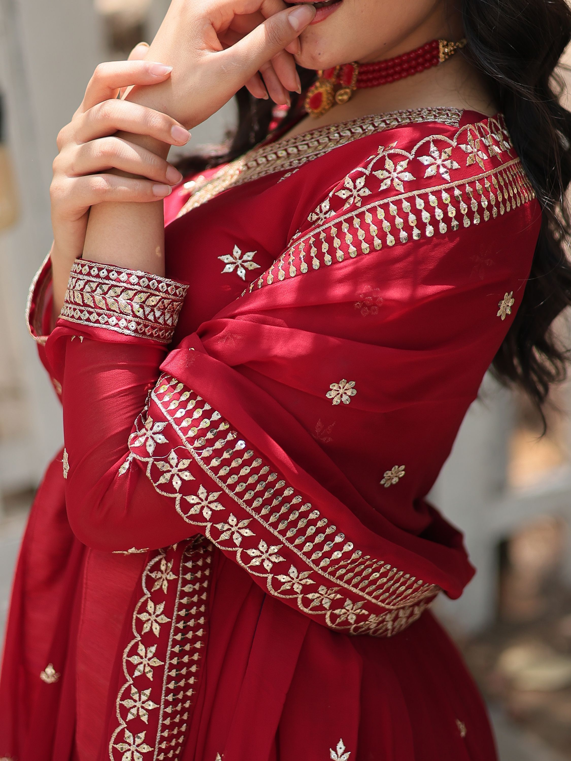 Beautiful Maroon Georgette Embroidered Wedding Wear Gown With Dupatta