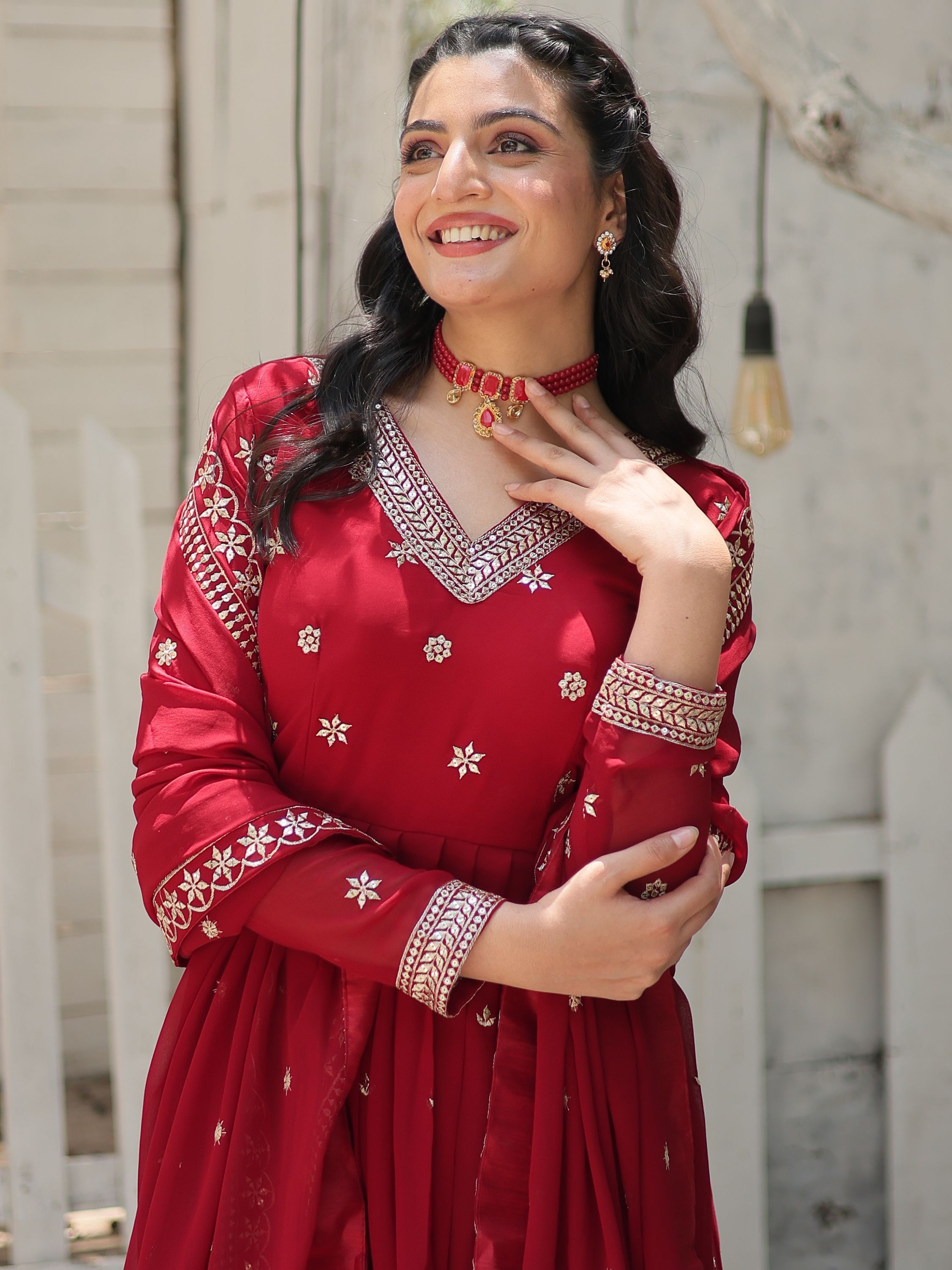 Beautiful Maroon Georgette Embroidered Wedding Wear Gown With Dupatta