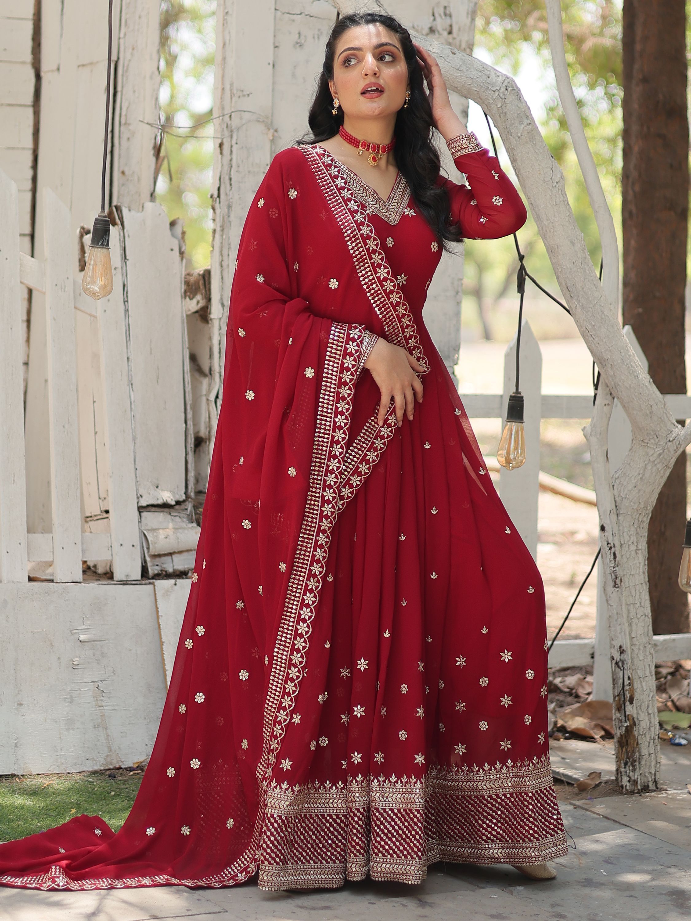 Beautiful Maroon Georgette Embroidered Wedding Wear Gown With Dupatta