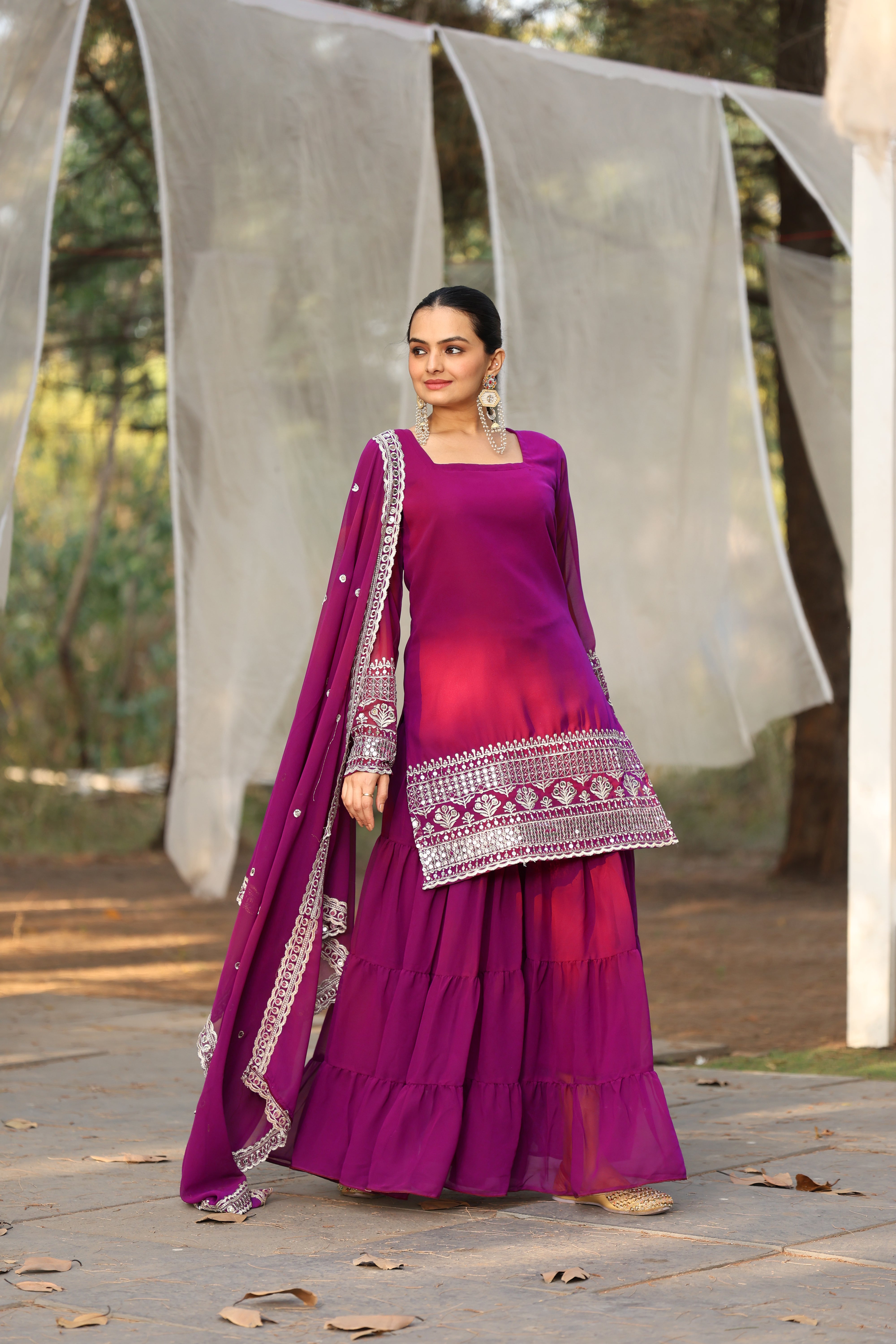 Georgette Pink Embroidered Women's Stitched sharara pair