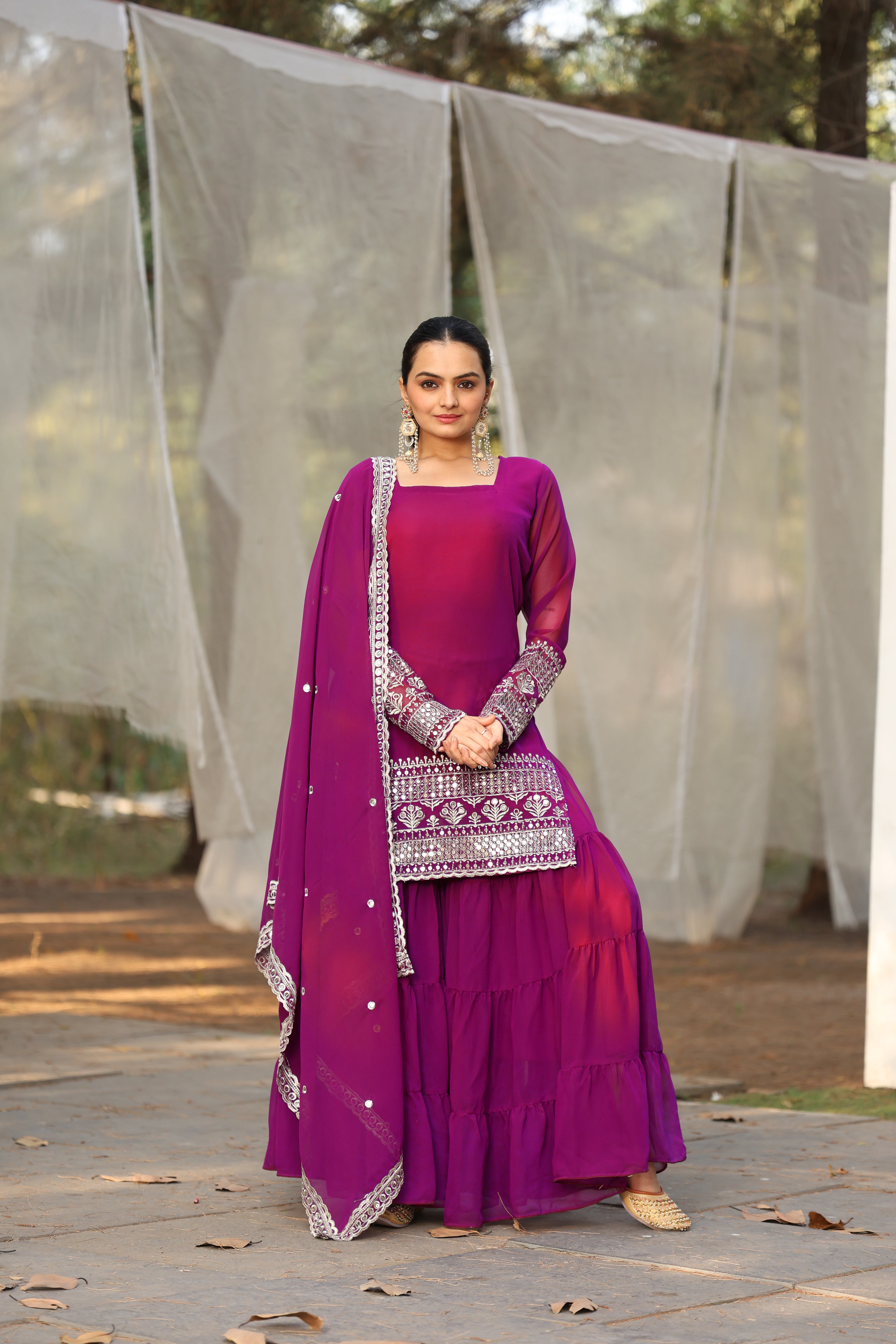 Georgette Pink Embroidered Women's Stitched sharara pair