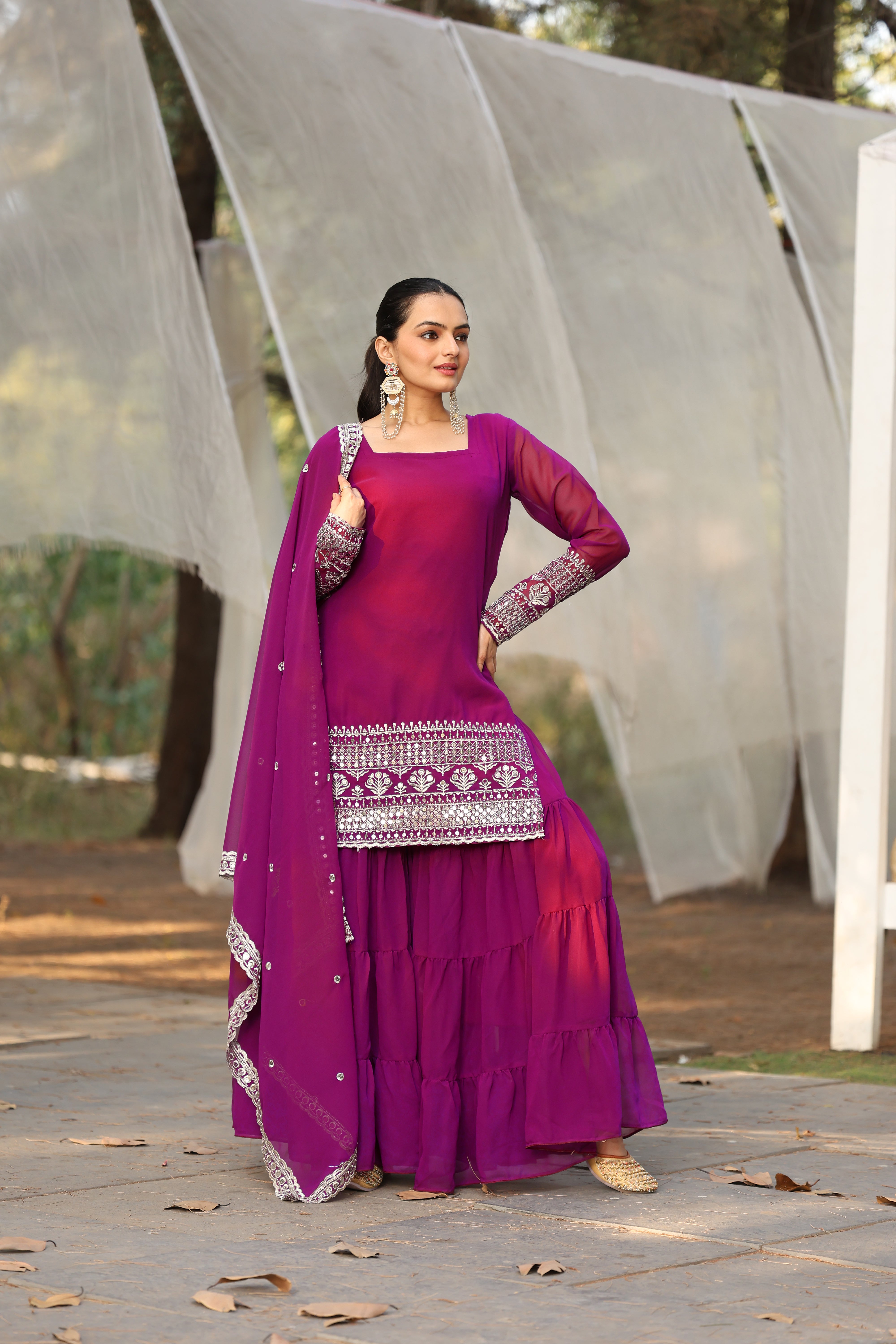 Georgette Pink Embroidered Women's Stitched sharara pair