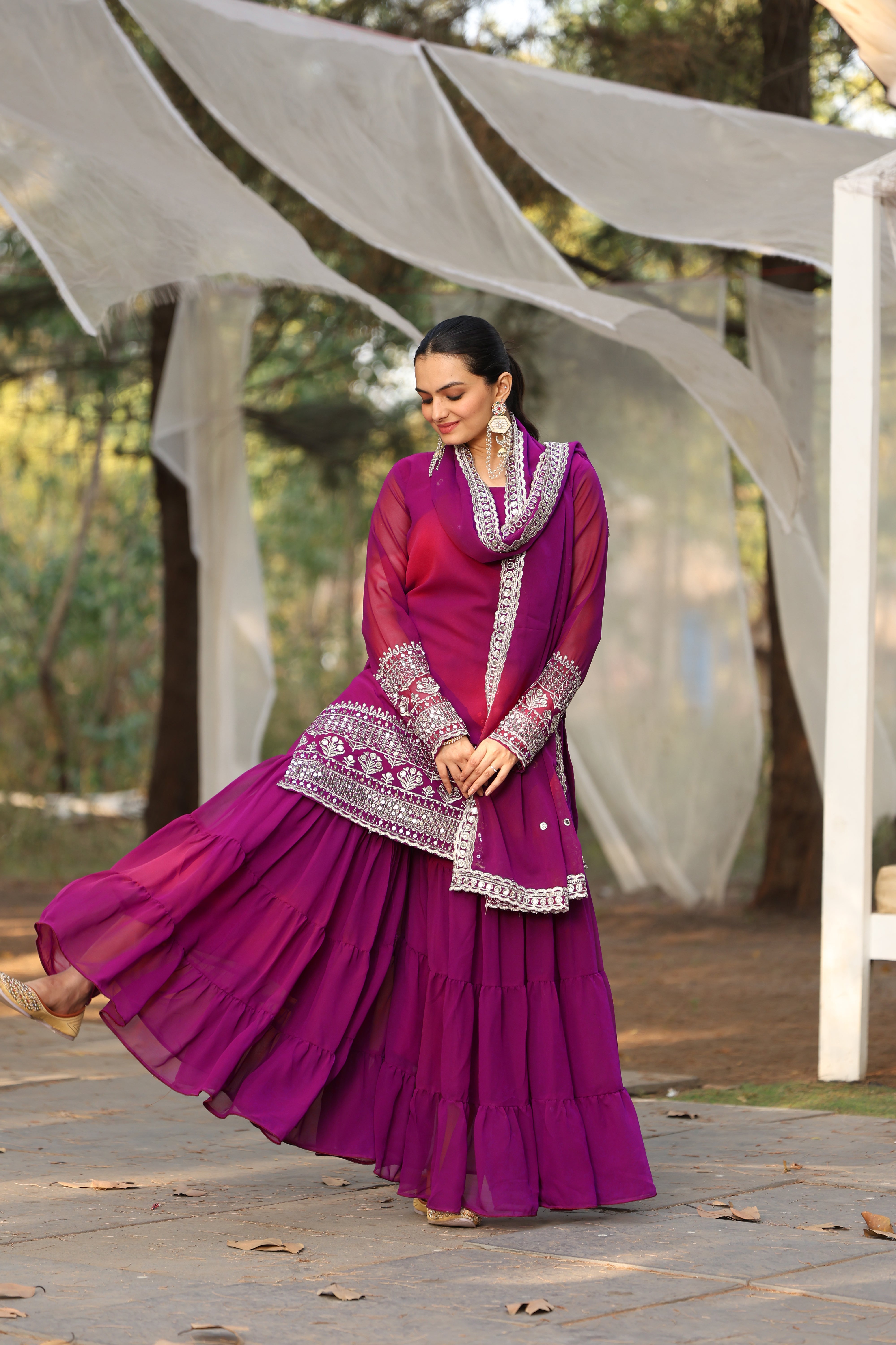 Georgette Pink Embroidered Women's Stitched sharara pair