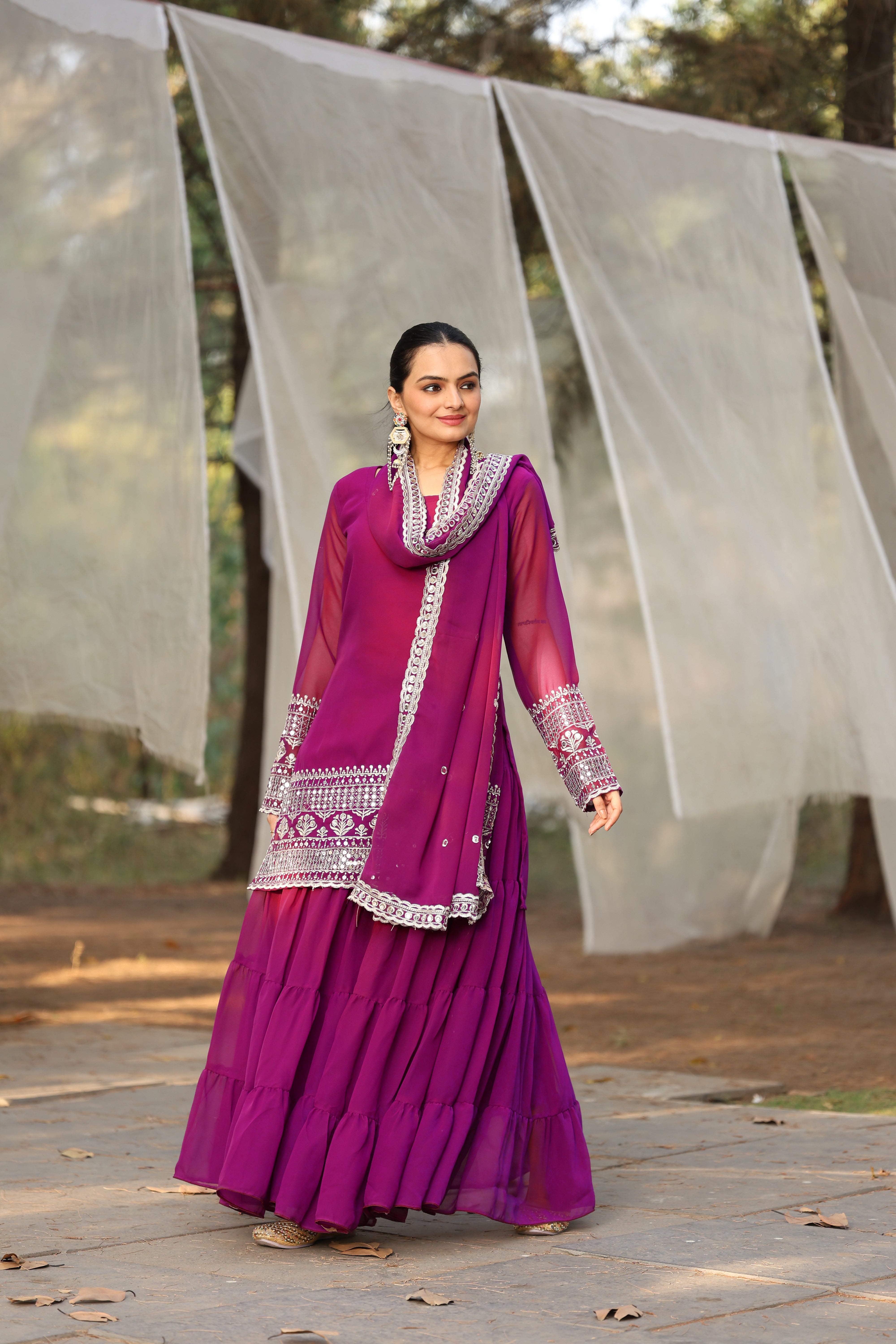 Georgette Pink Embroidered Women's Stitched sharara pair