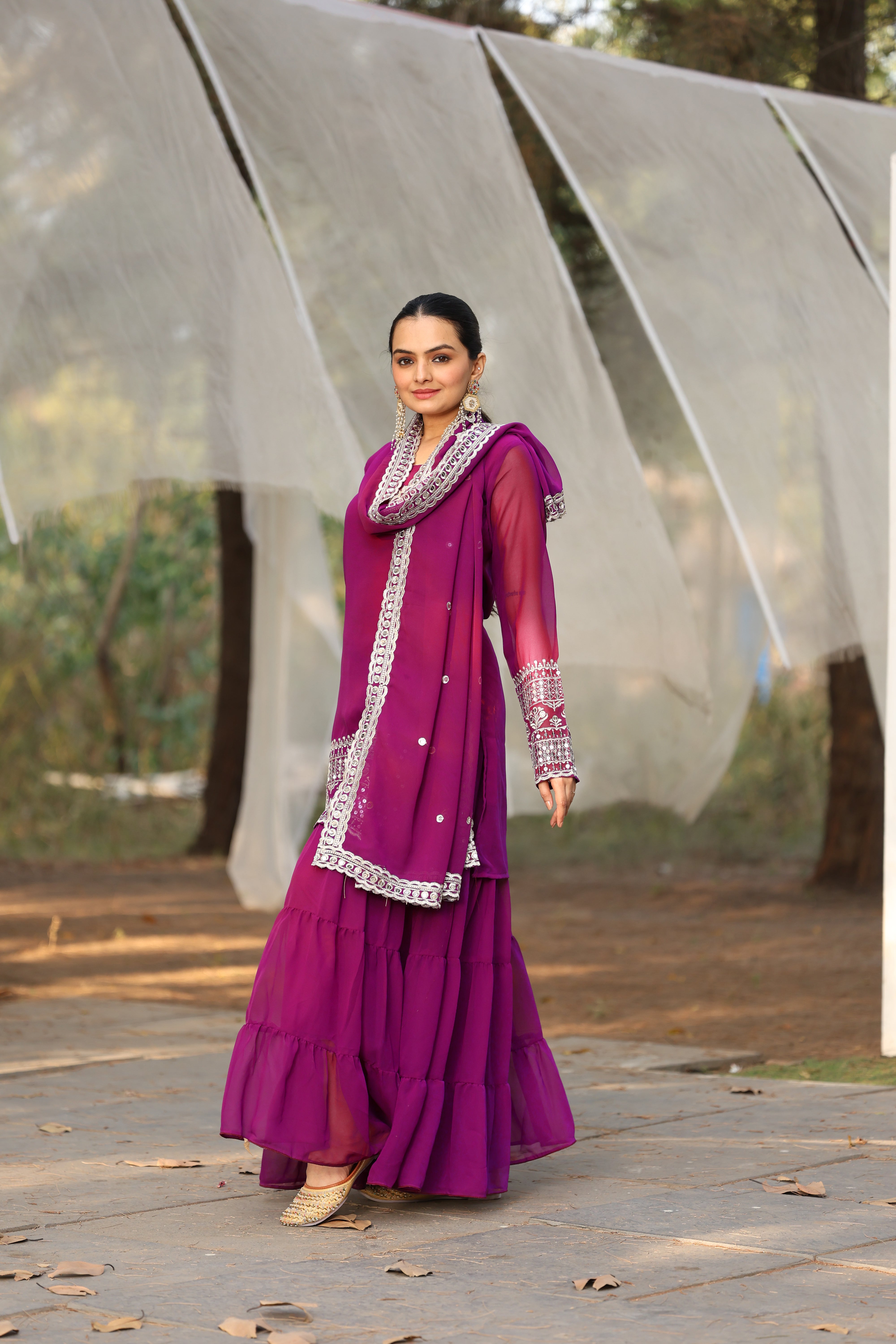 Georgette Pink Embroidered Women's Stitched sharara pair