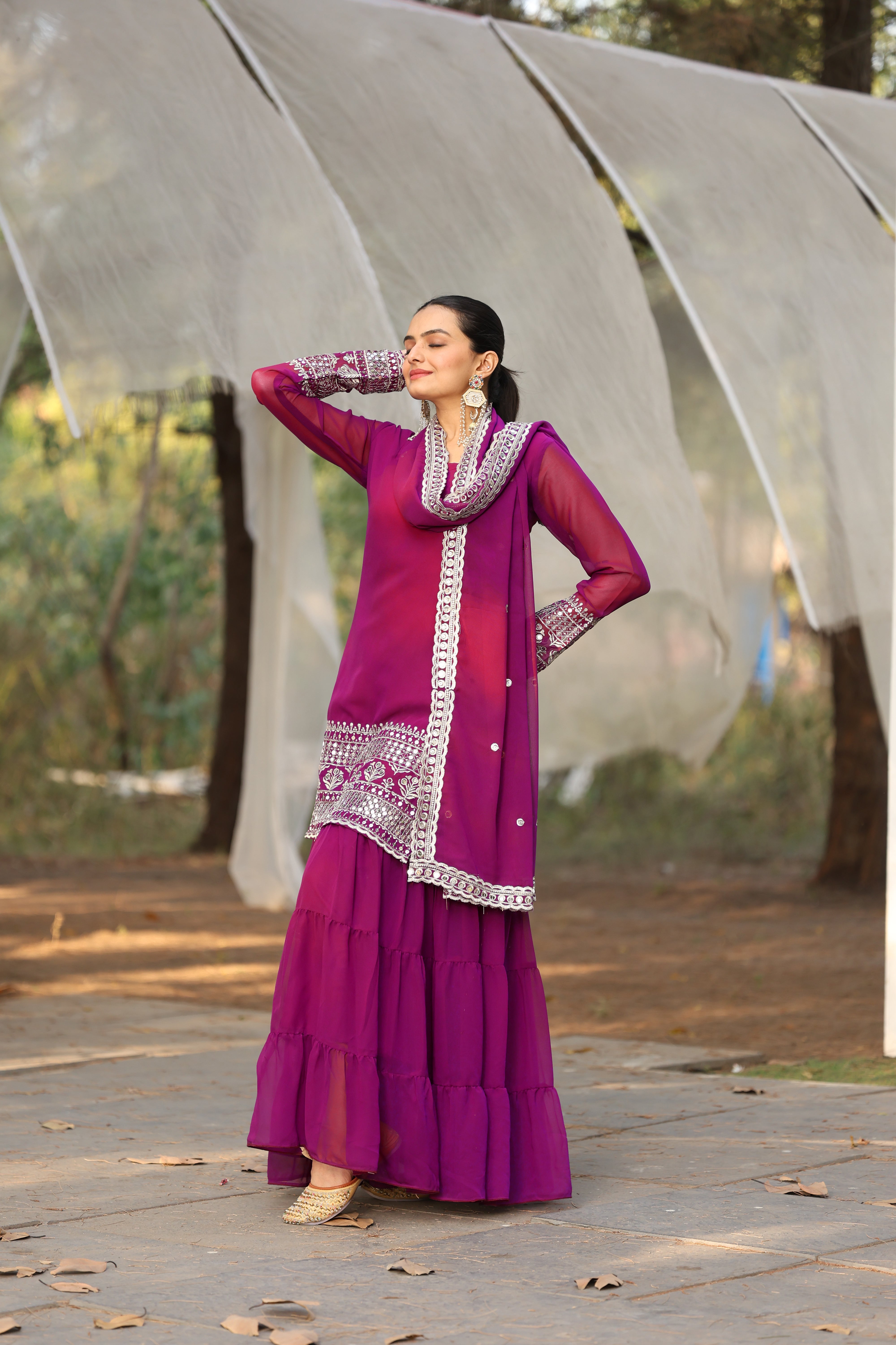 Georgette Pink Embroidered Women's Stitched sharara pair