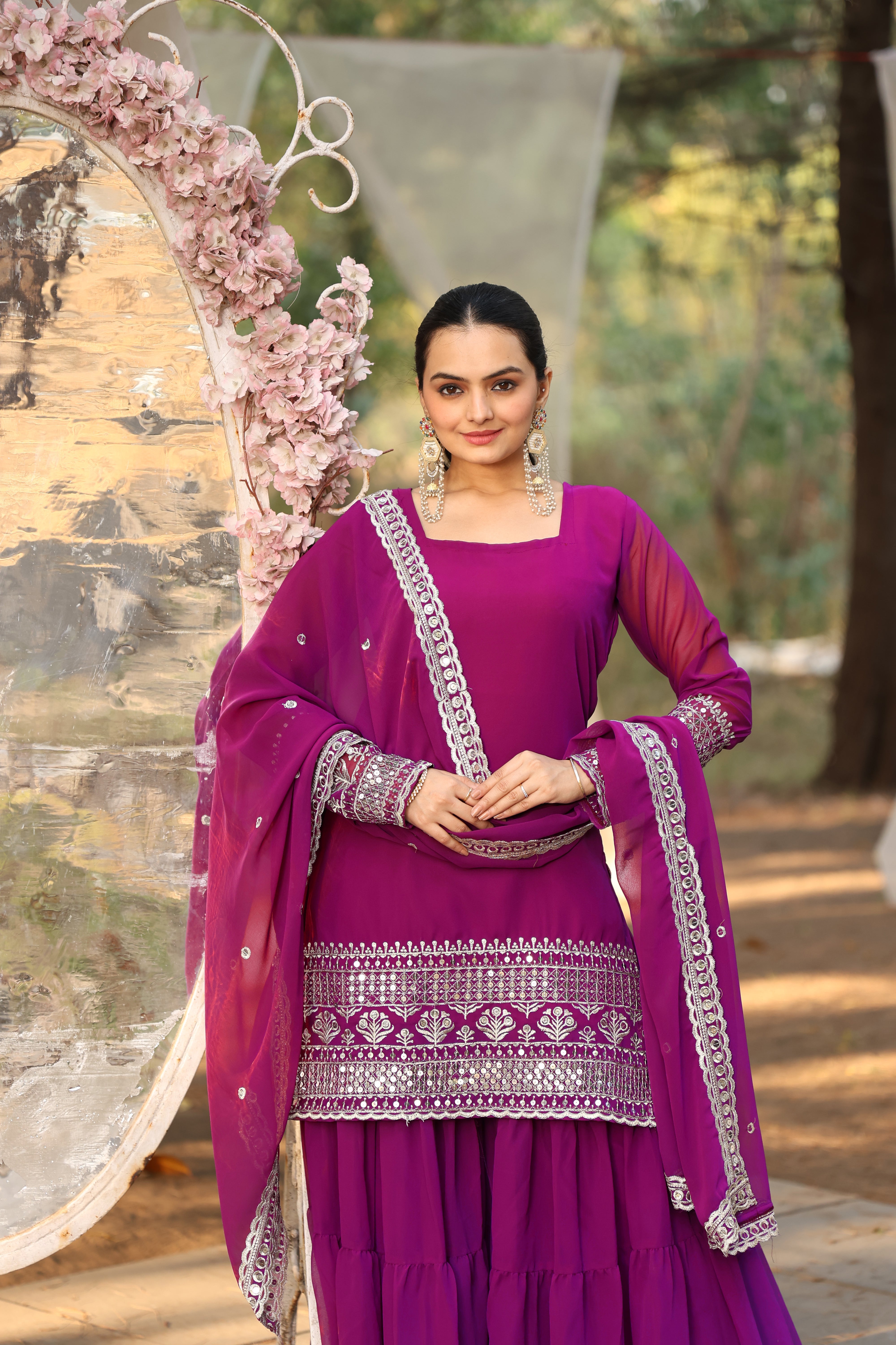 Georgette Pink Embroidered Women's Stitched sharara pair