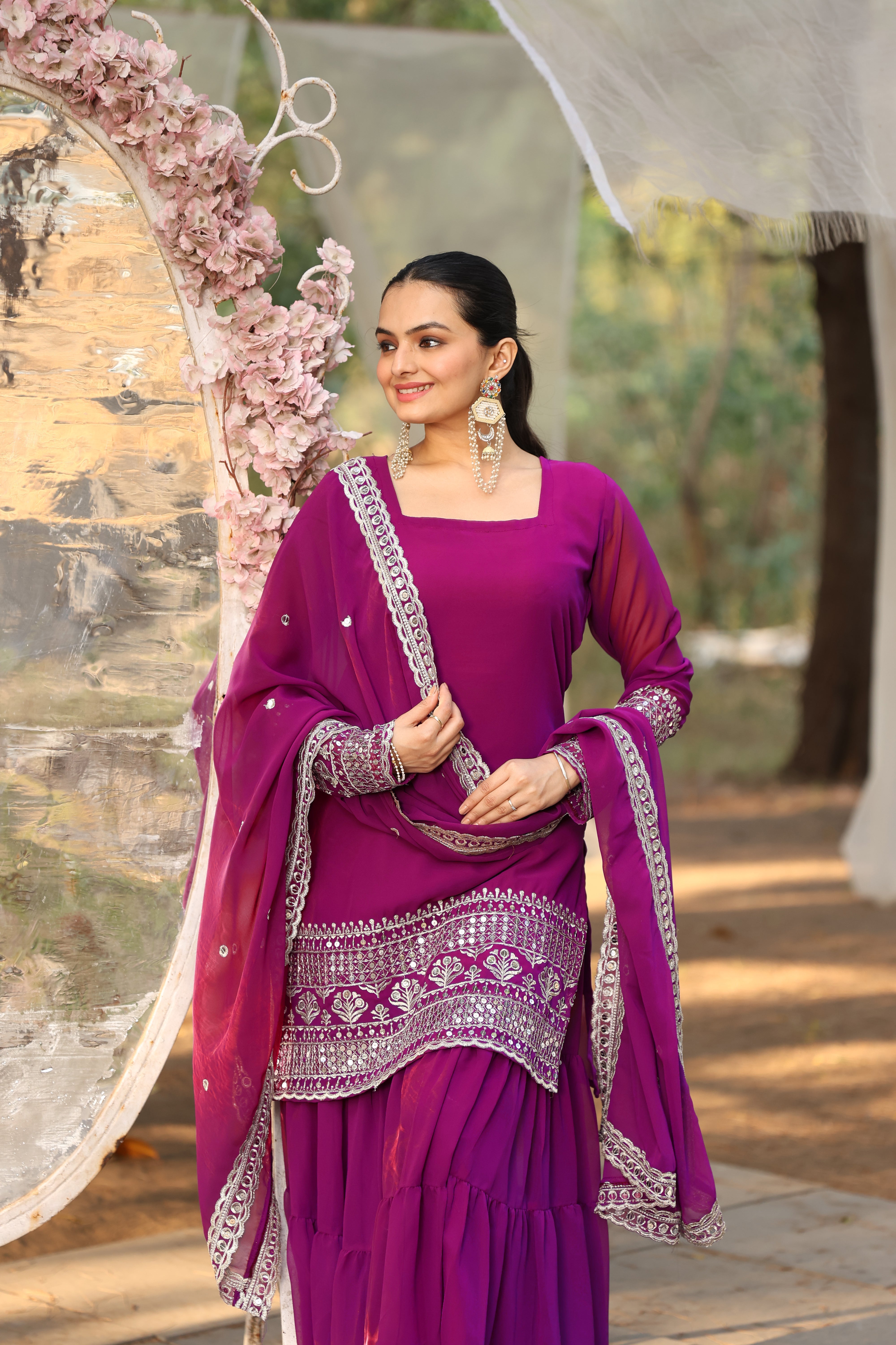 Georgette Pink Embroidered Women's Stitched sharara pair