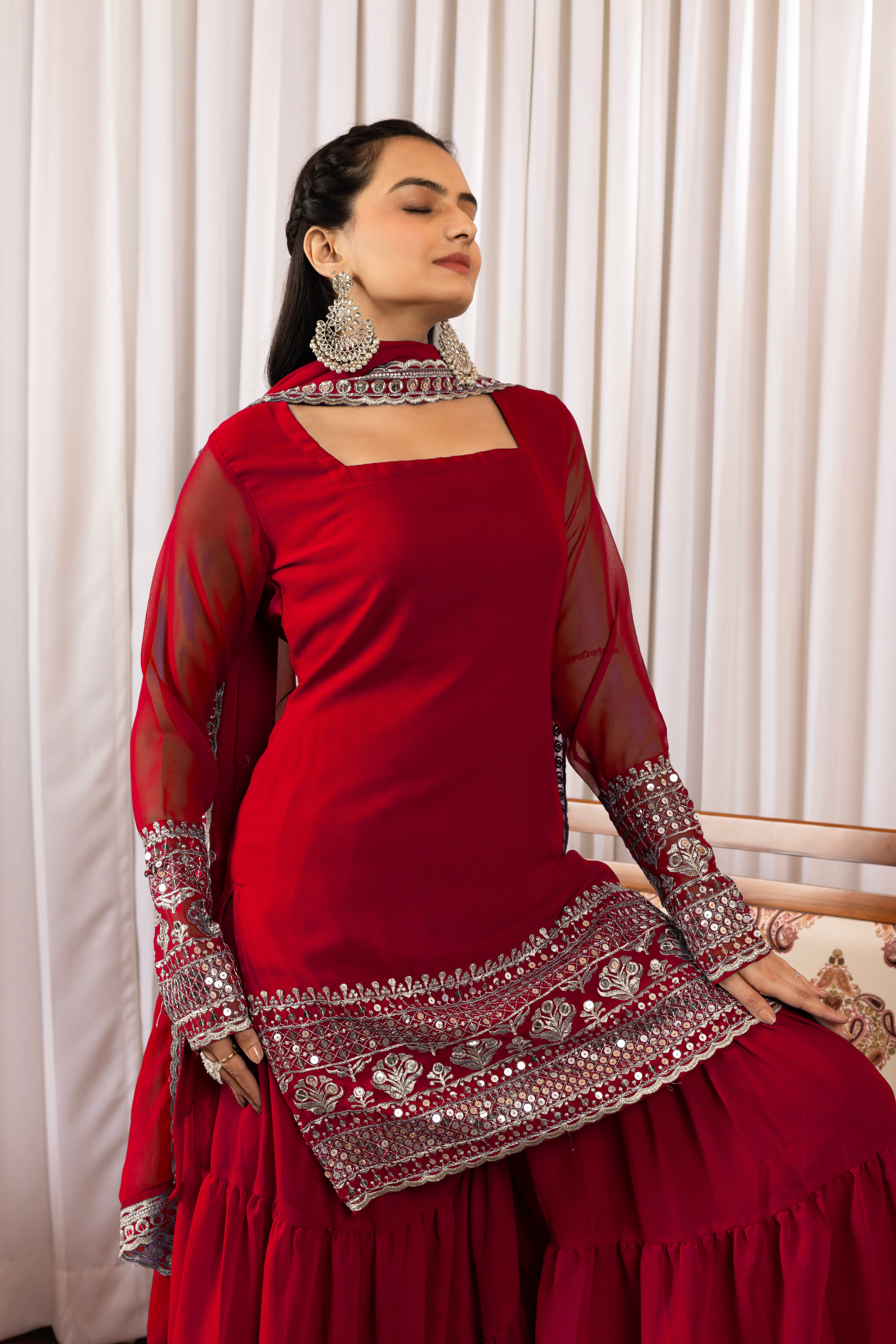 Georgette Red Embroidered Women's Stitched Sharara Pair