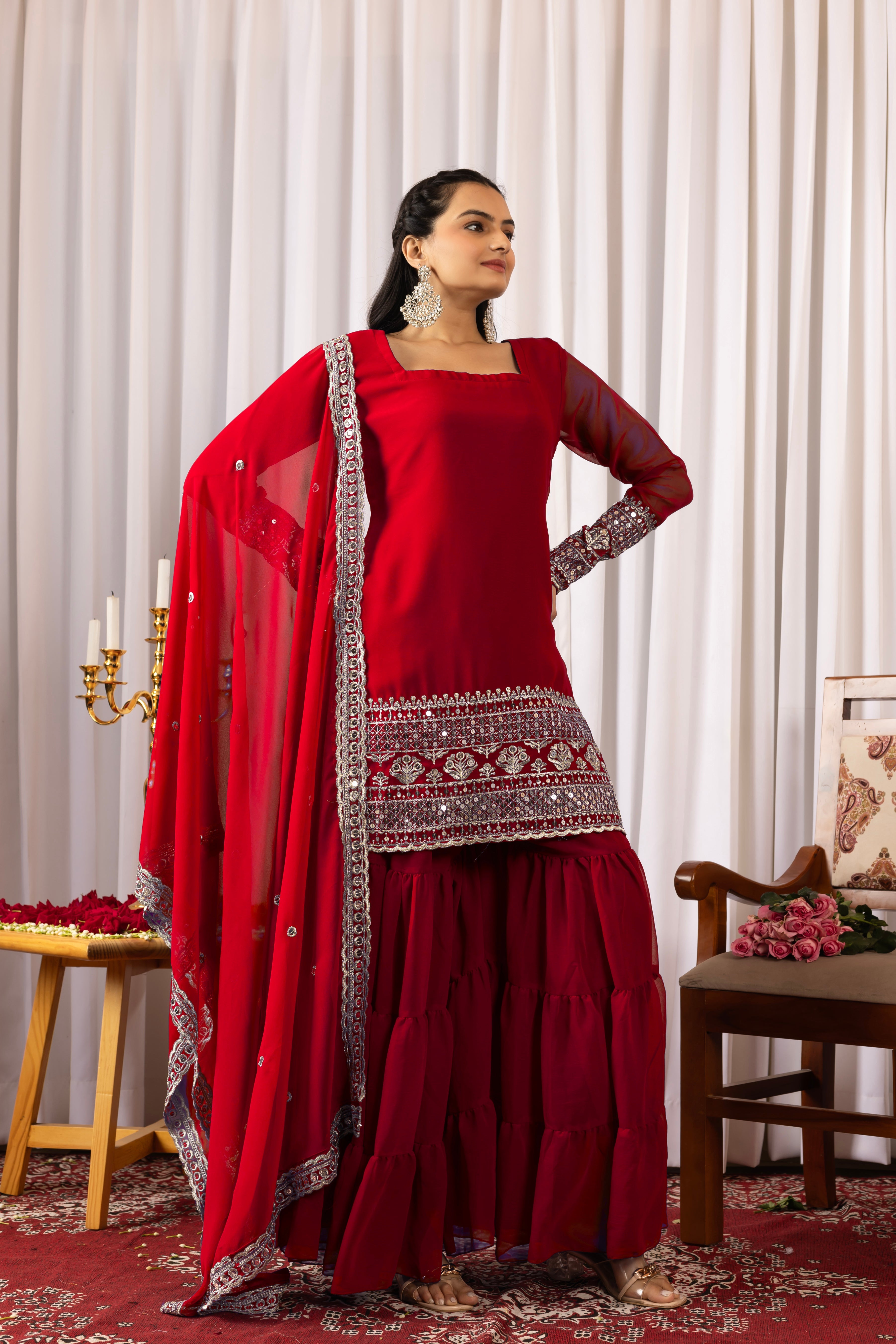 Georgette Red Embroidered Women's Stitched Sharara Pair