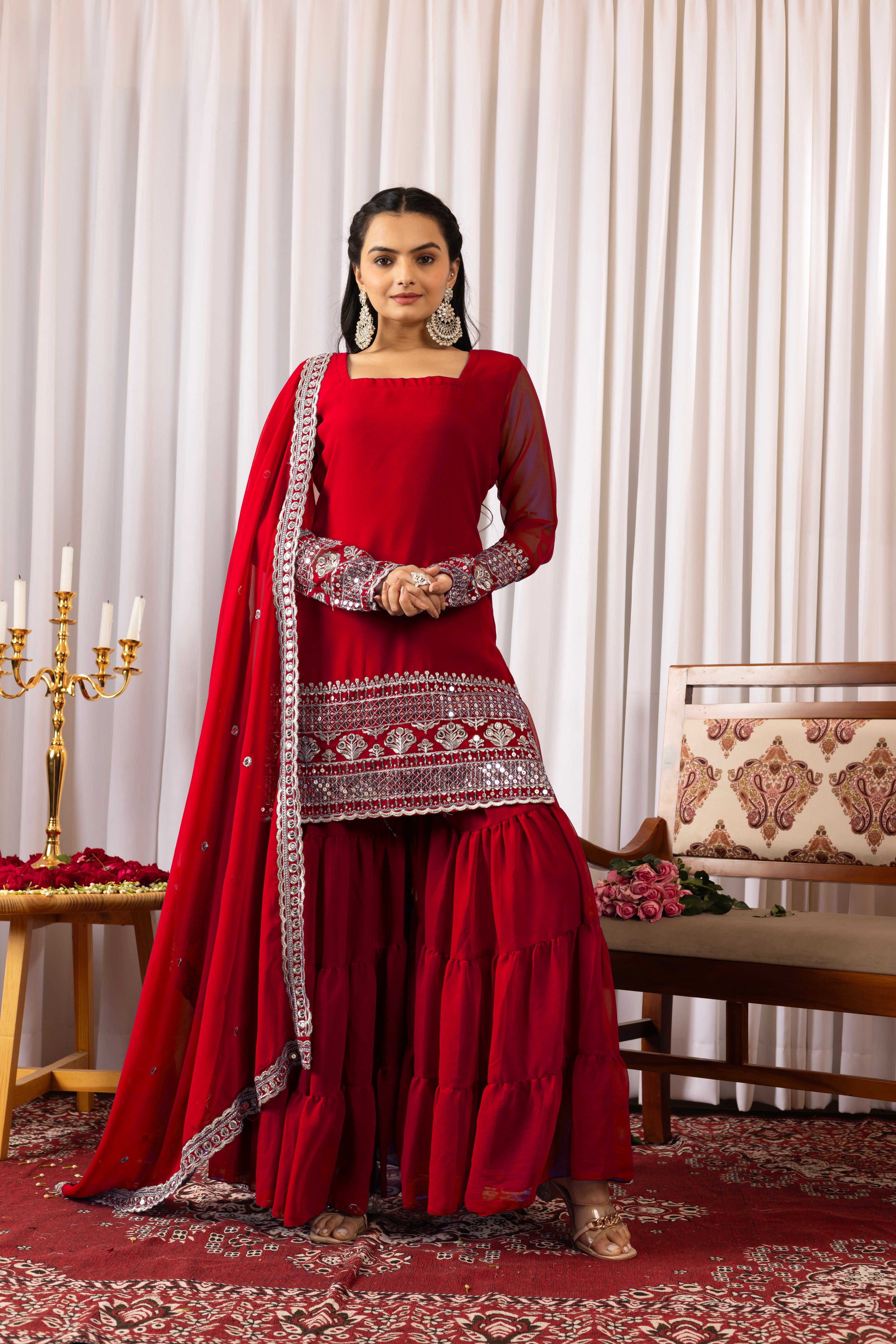 Georgette Red Embroidered Women's Stitched Sharara Pair