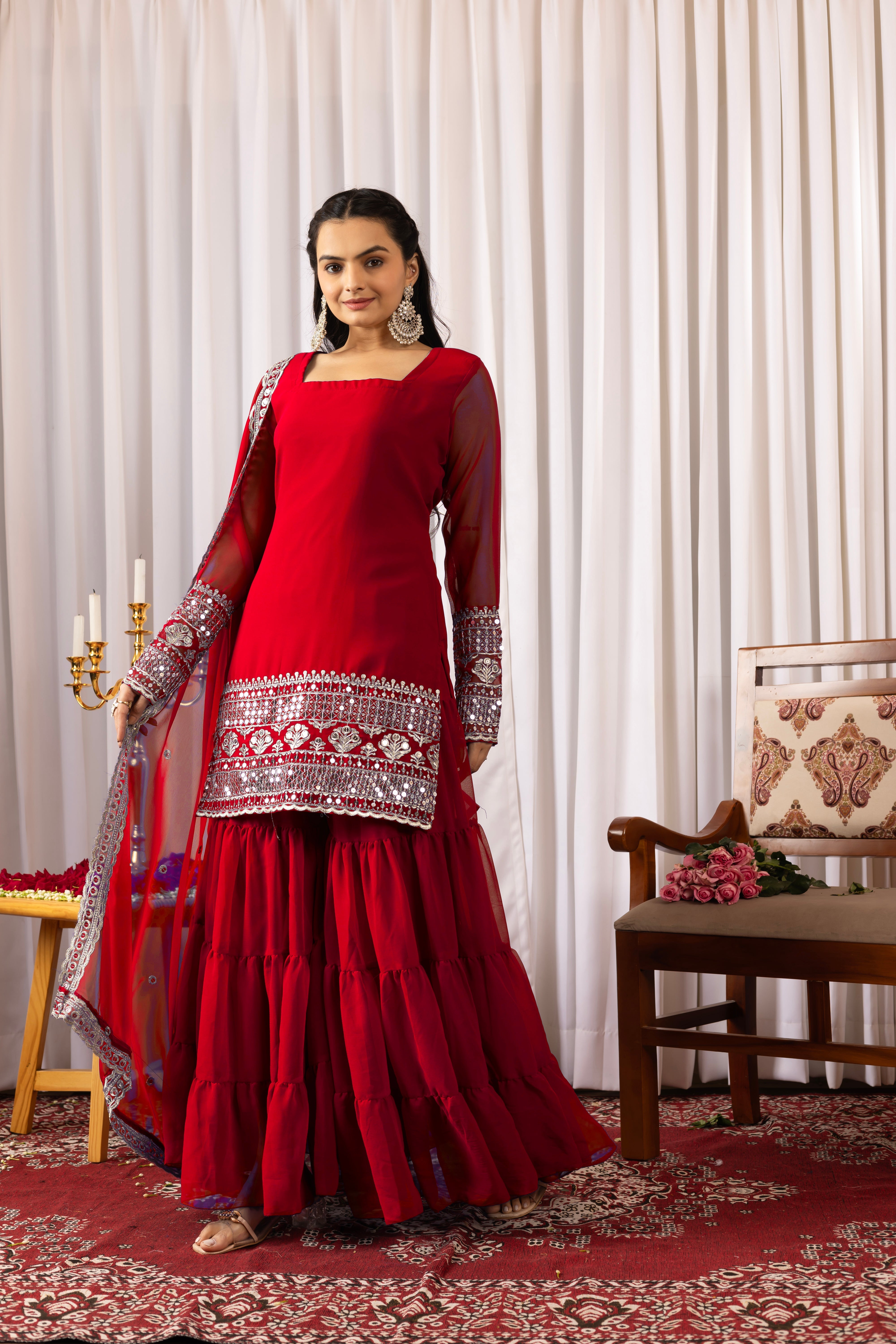 Georgette Red Embroidered Women's Stitched Sharara Pair