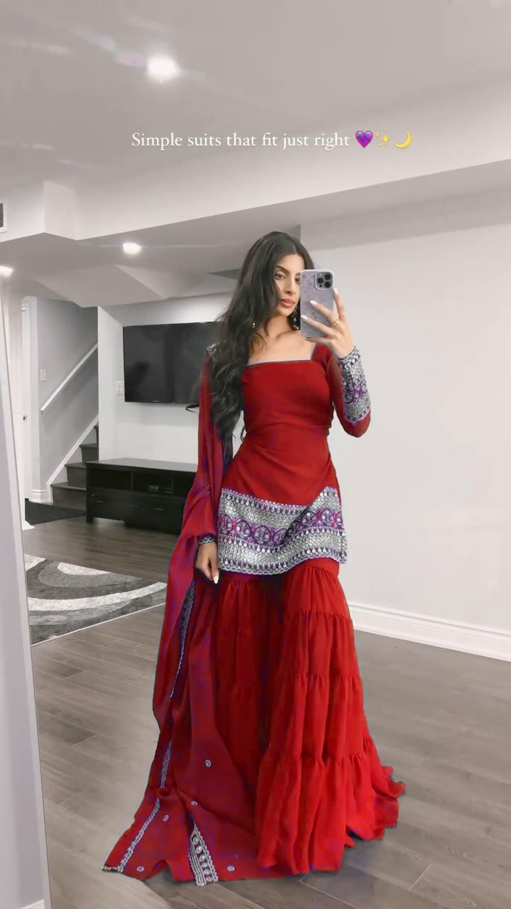 Georgette Red Embroidered Women's Stitched sharara pair