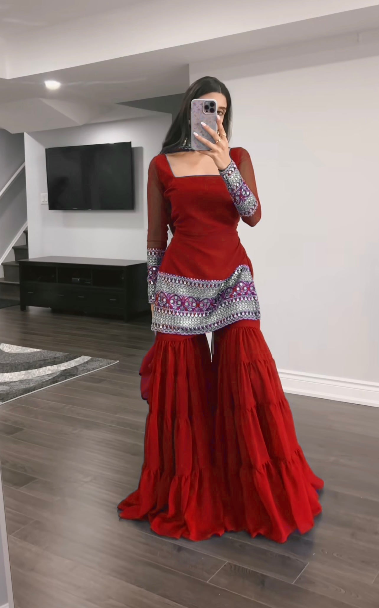 Georgette Red Embroidered Women's Stitched sharara pair