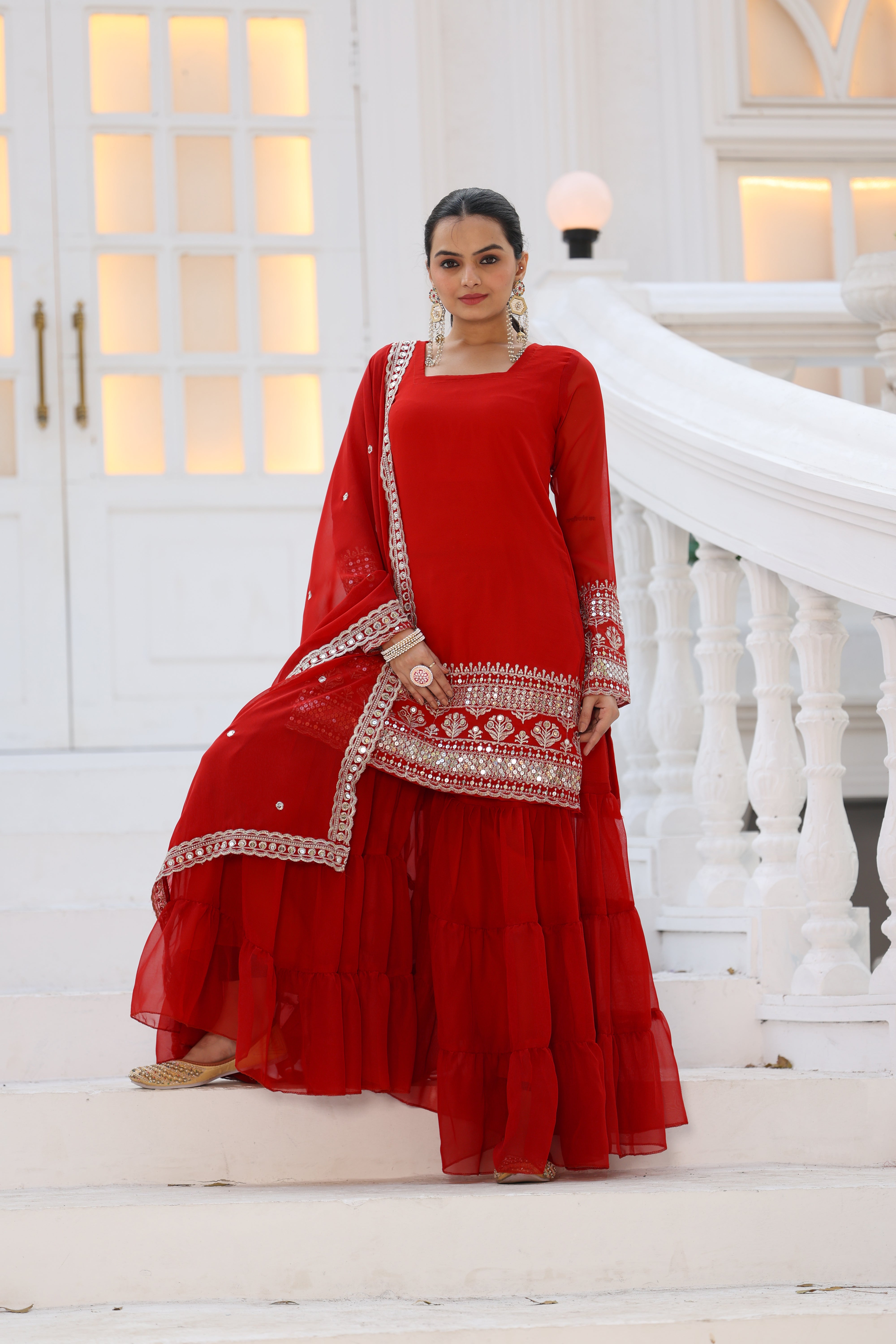 Georgette Red Women's Stitched Sharara Pair