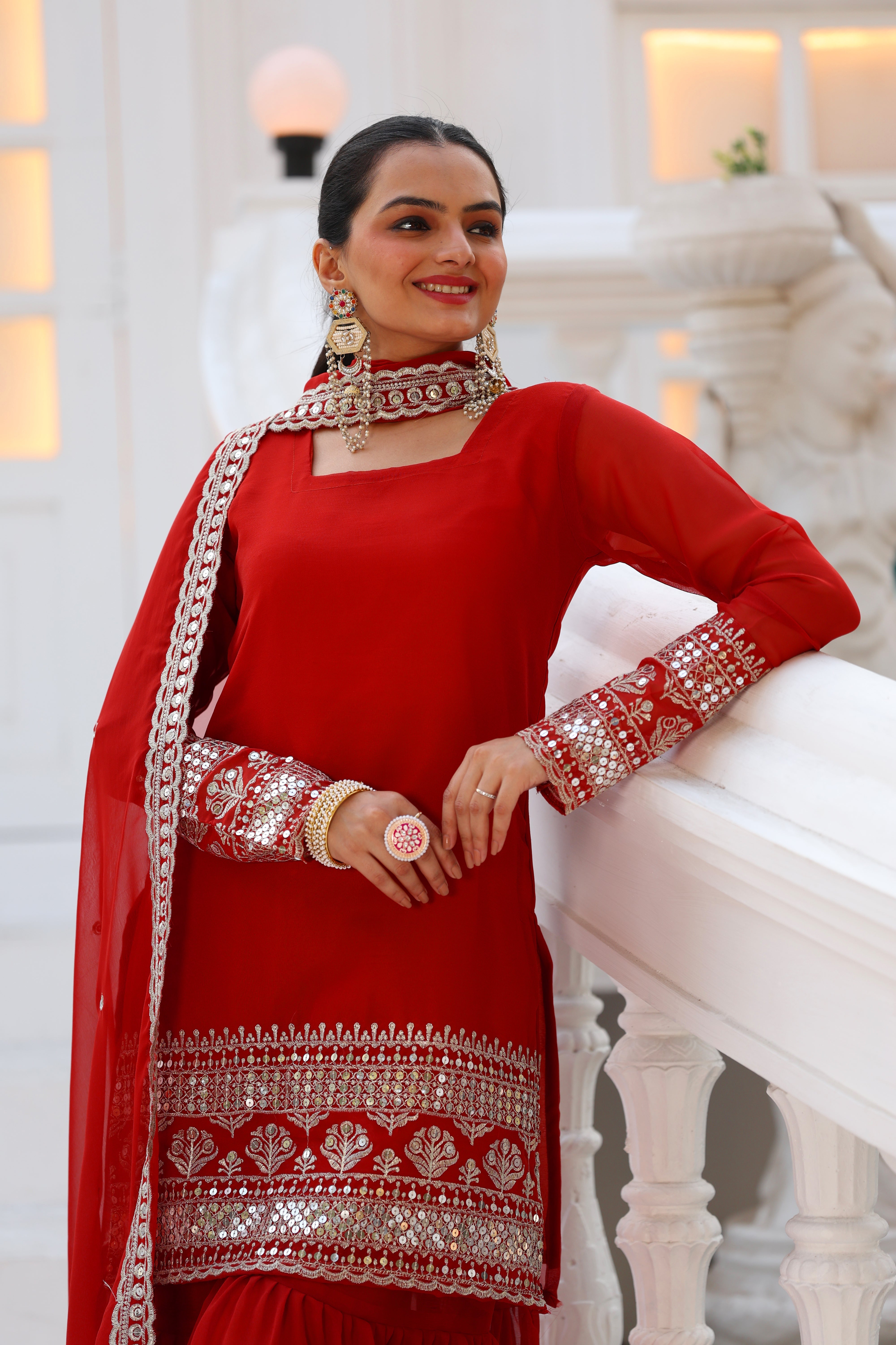 Georgette Red Women's Stitched Sharara Pair