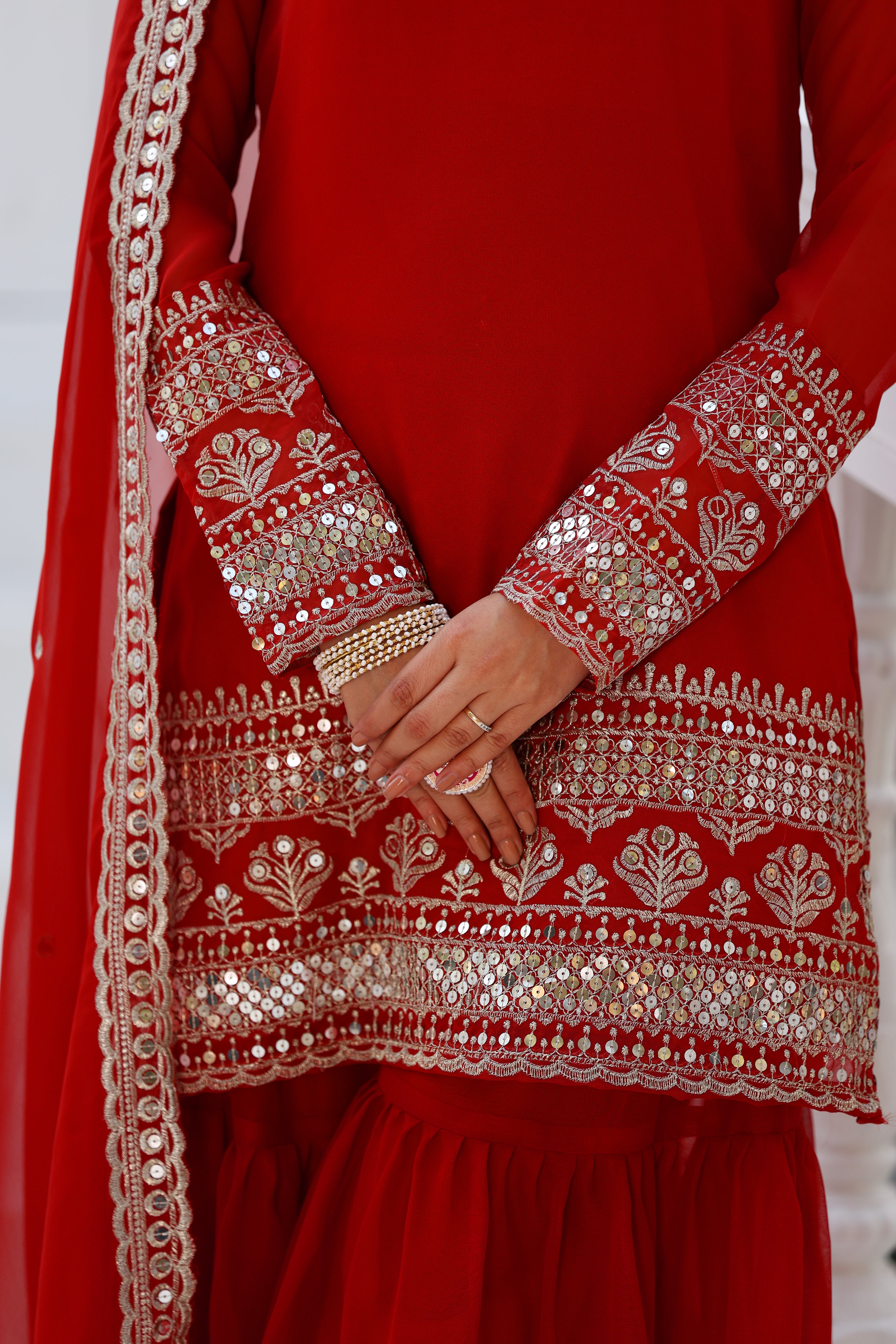 Georgette Red Women's Stitched Sharara Pair