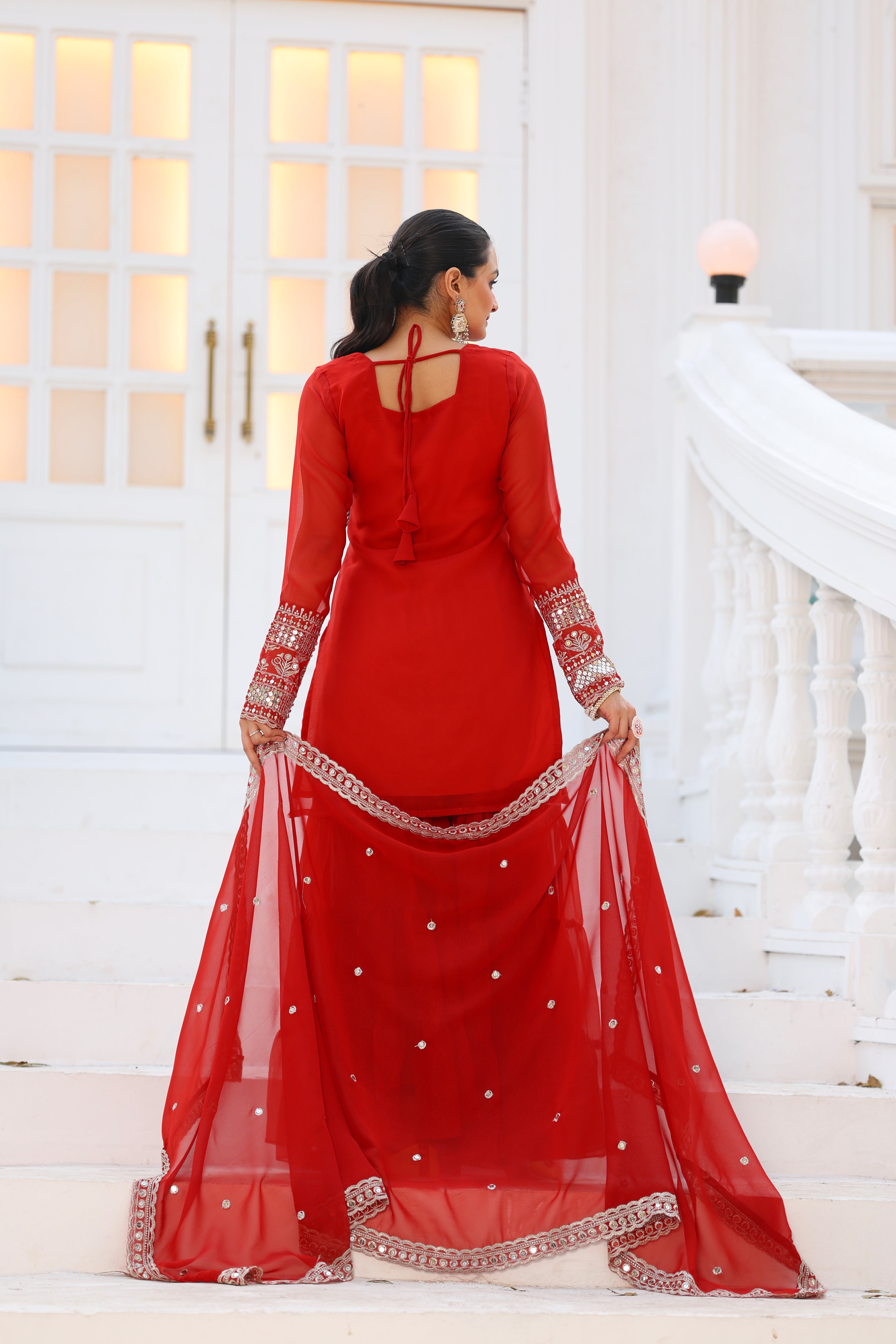 Georgette Red Women's Stitched Sharara Pair