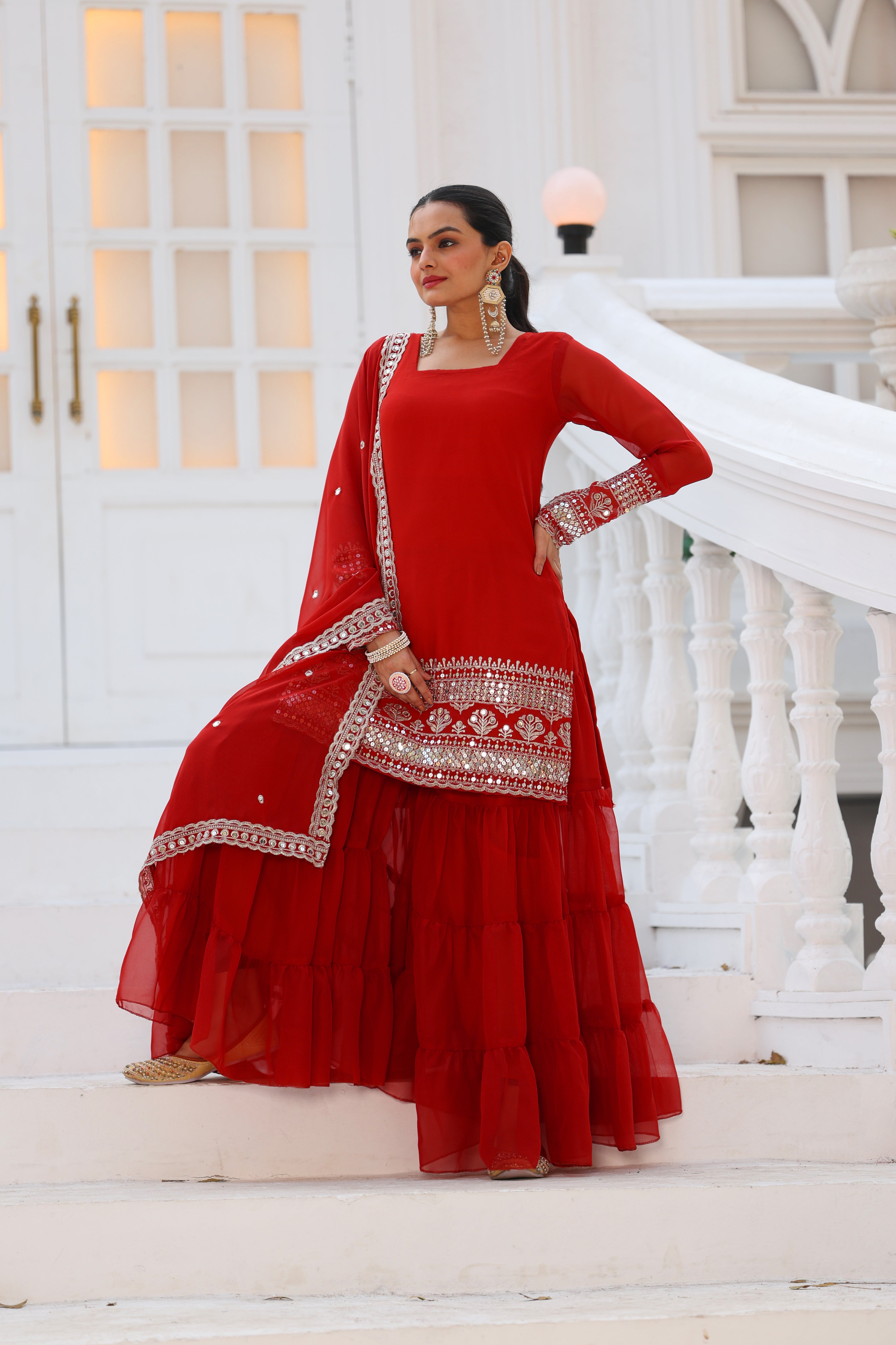 Georgette Red Women's Stitched Sharara Pair