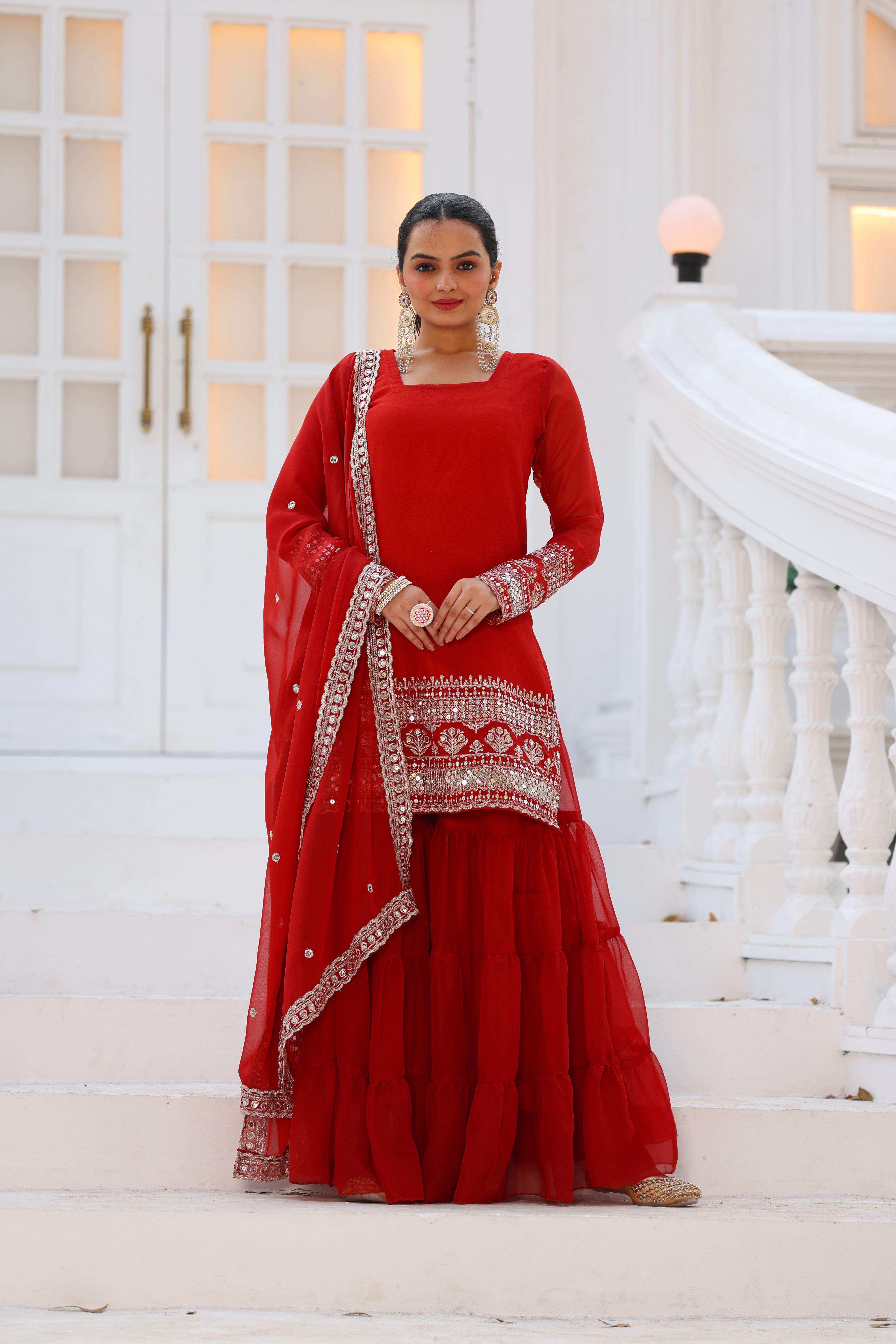 Georgette Red Women's Stitched Sharara Pair