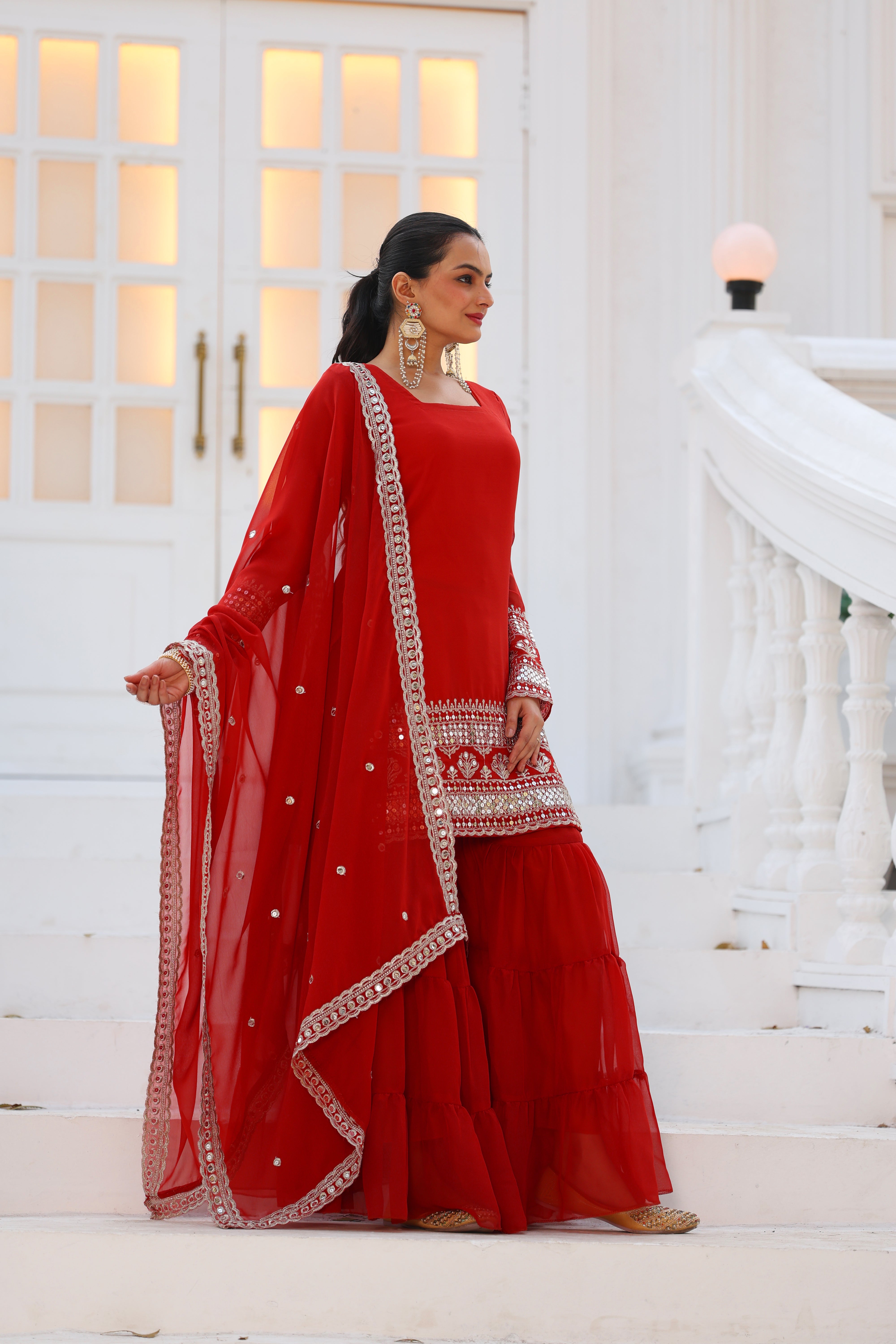 Georgette Red Women's Stitched Sharara Pair