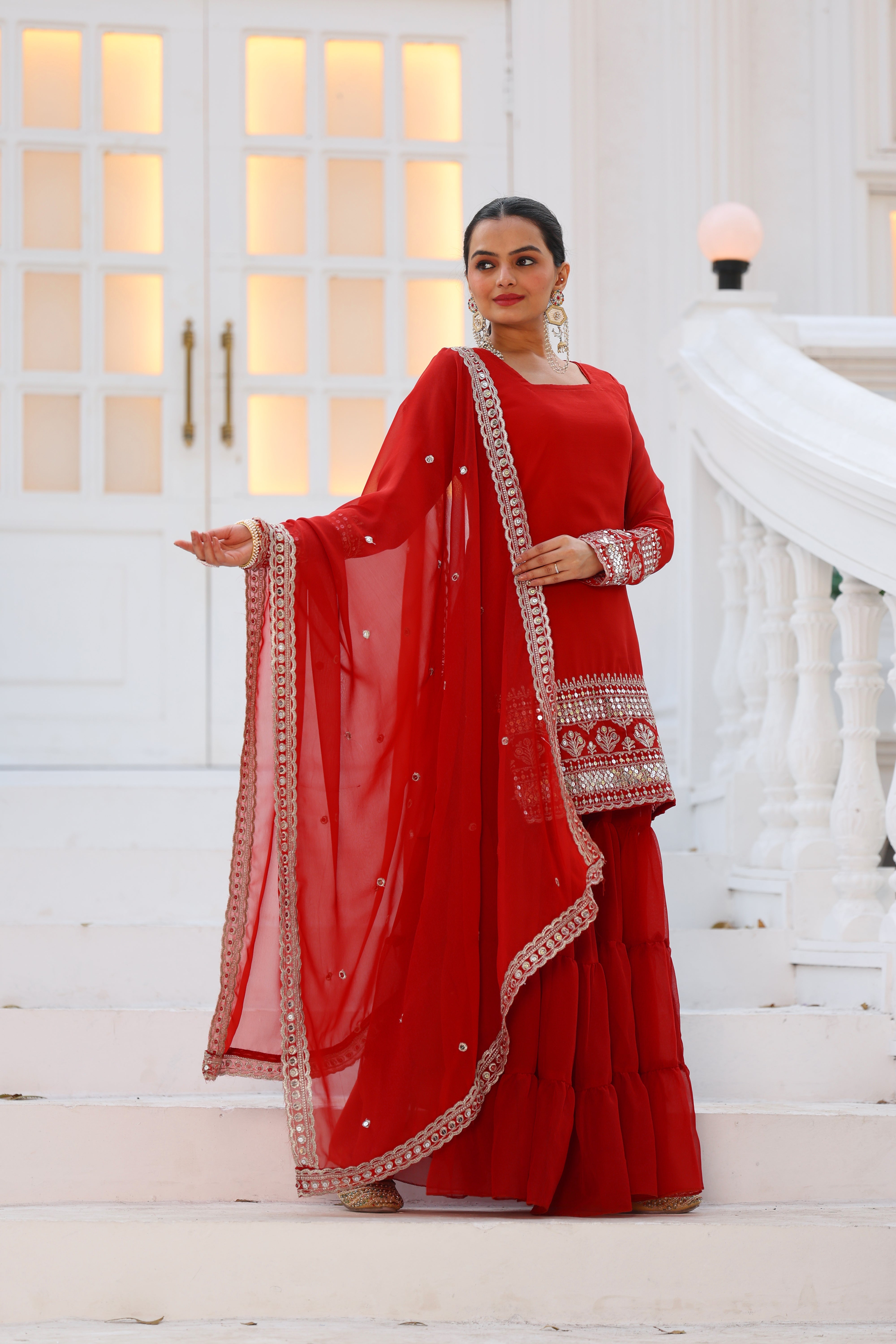 Georgette Red Women's Stitched Sharara Pair