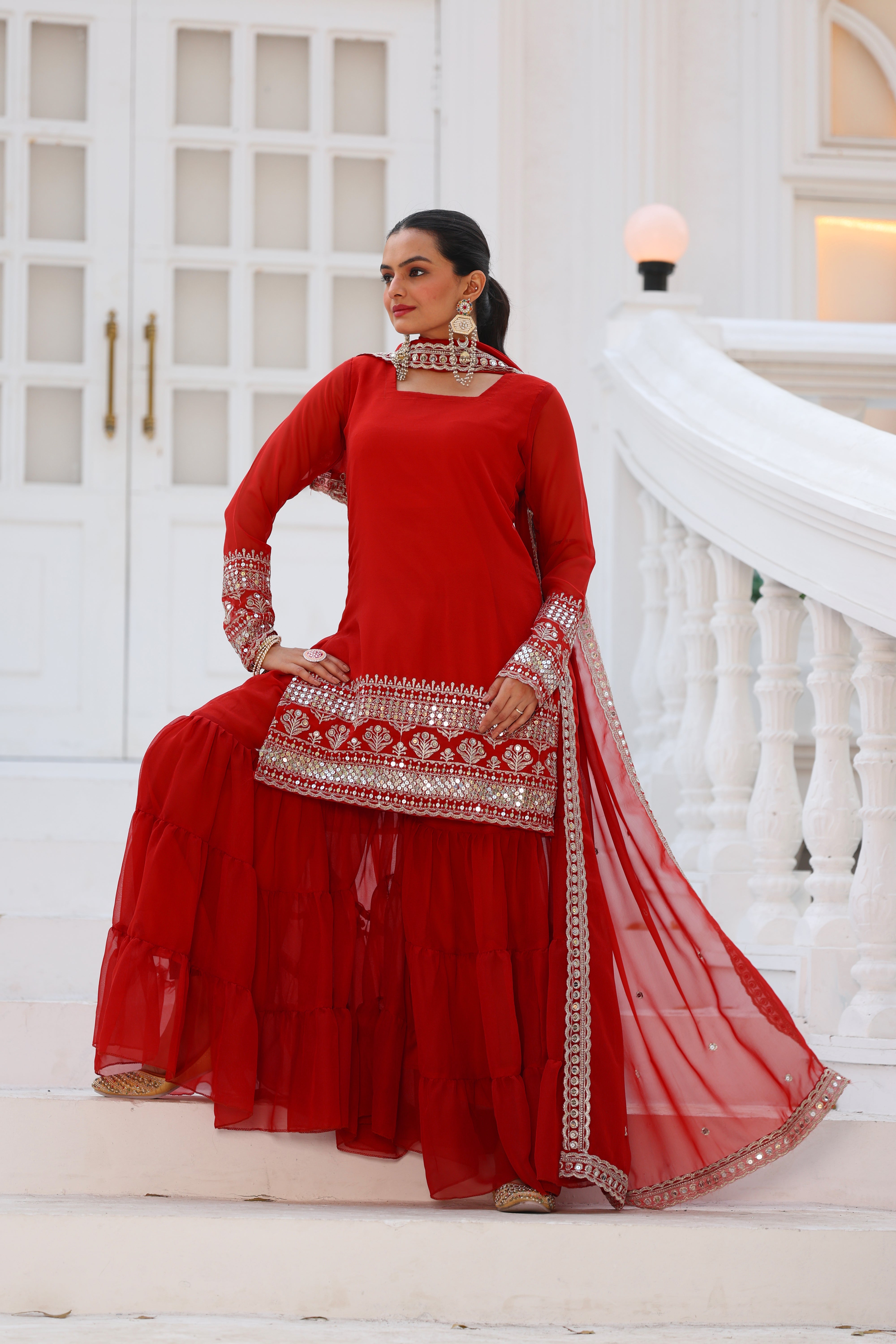 Georgette Red Women's Stitched Sharara Pair