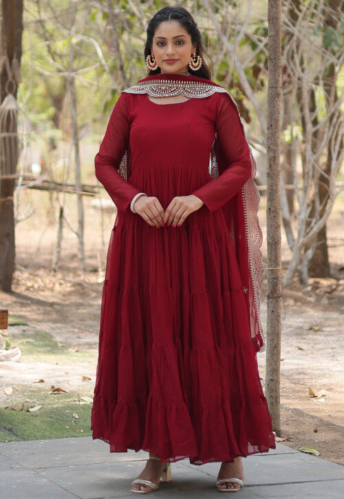 Solid Color Georgette Abaya Style Suit in Maroon