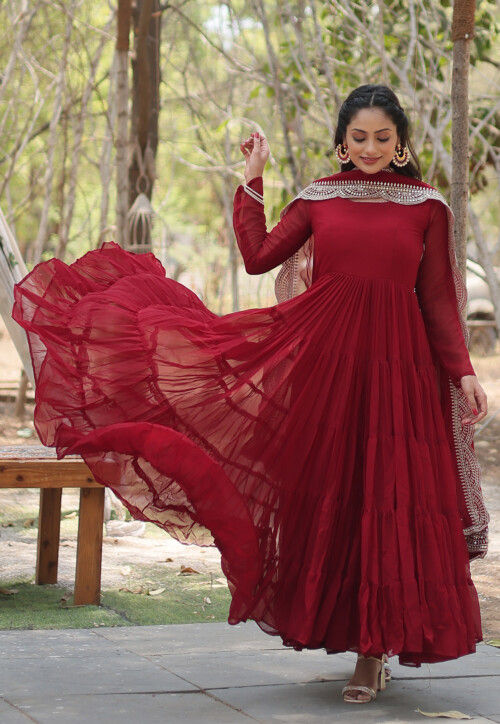 Solid Color Georgette Abaya Style Suit in Maroon