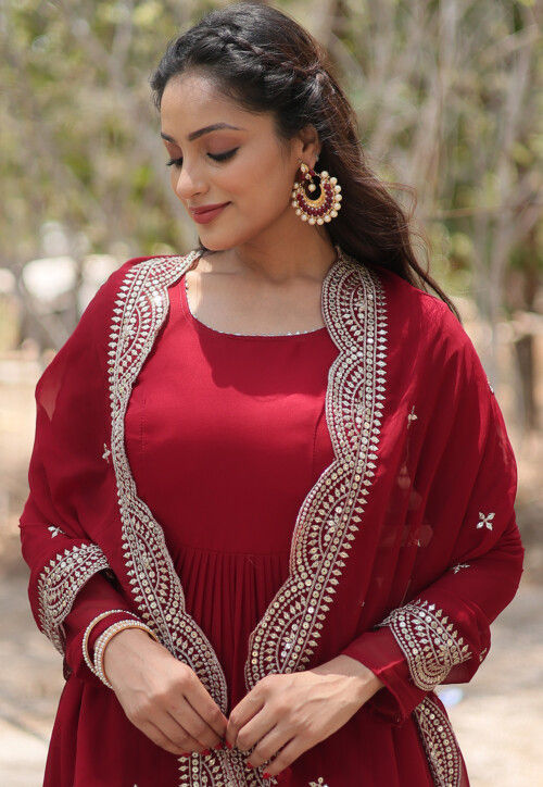 Solid Color Georgette Abaya Style Suit in Maroon