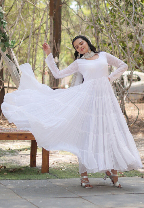 Solid Color Georgette Abaya Style Suit in White