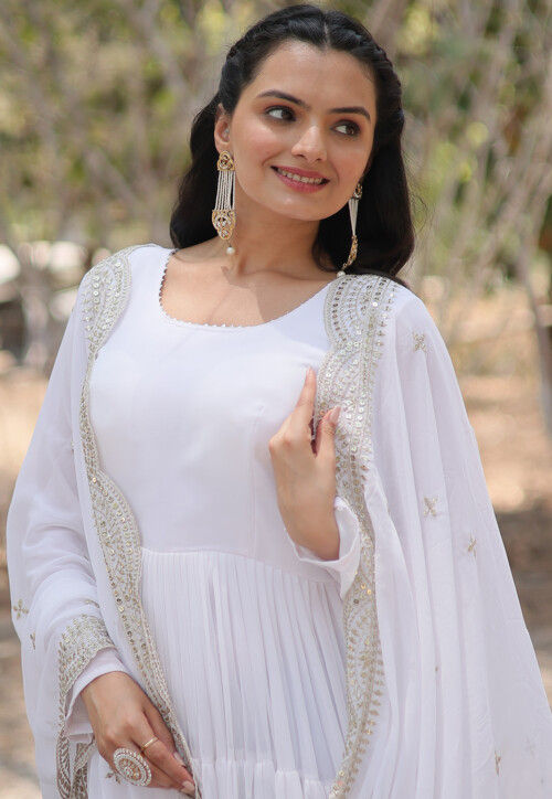 Solid Color Georgette Abaya Style Suit in White